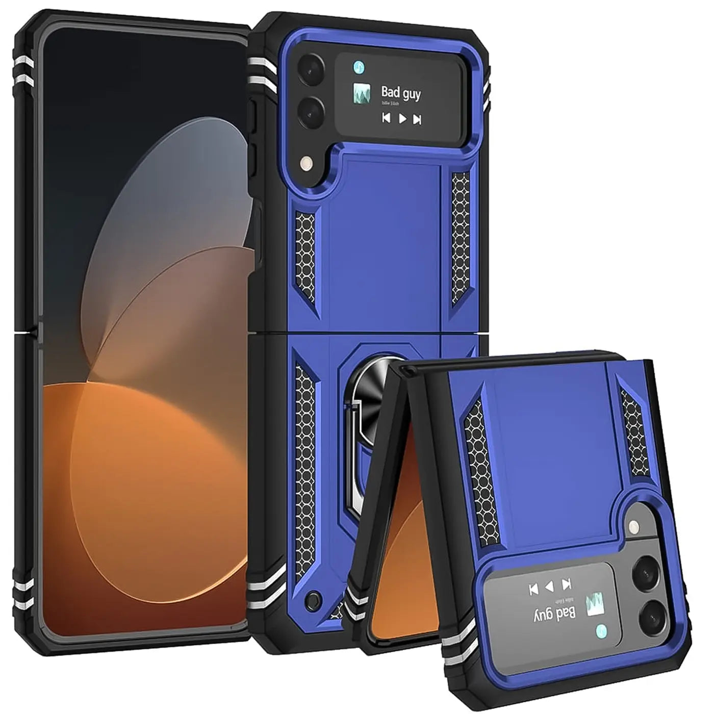 Blaue Military Hülle mit Ringhalter für Samsung Galaxy Z Flip 4, aus Kunststoff.