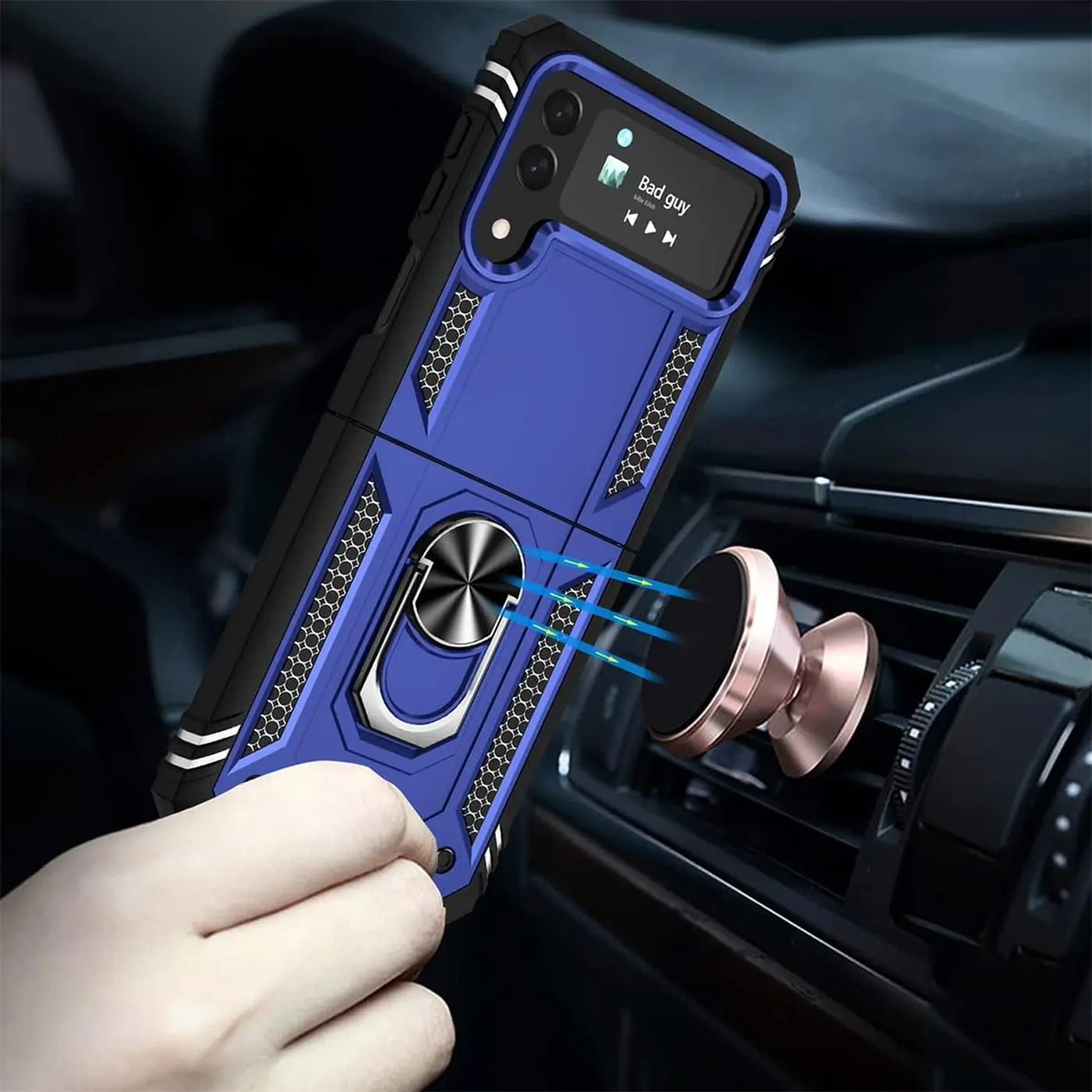 Blaue Hülle mit Ringhalter für Samsung Galaxy Z Flip 4, aus Kunststoff, Nahaufnahme.