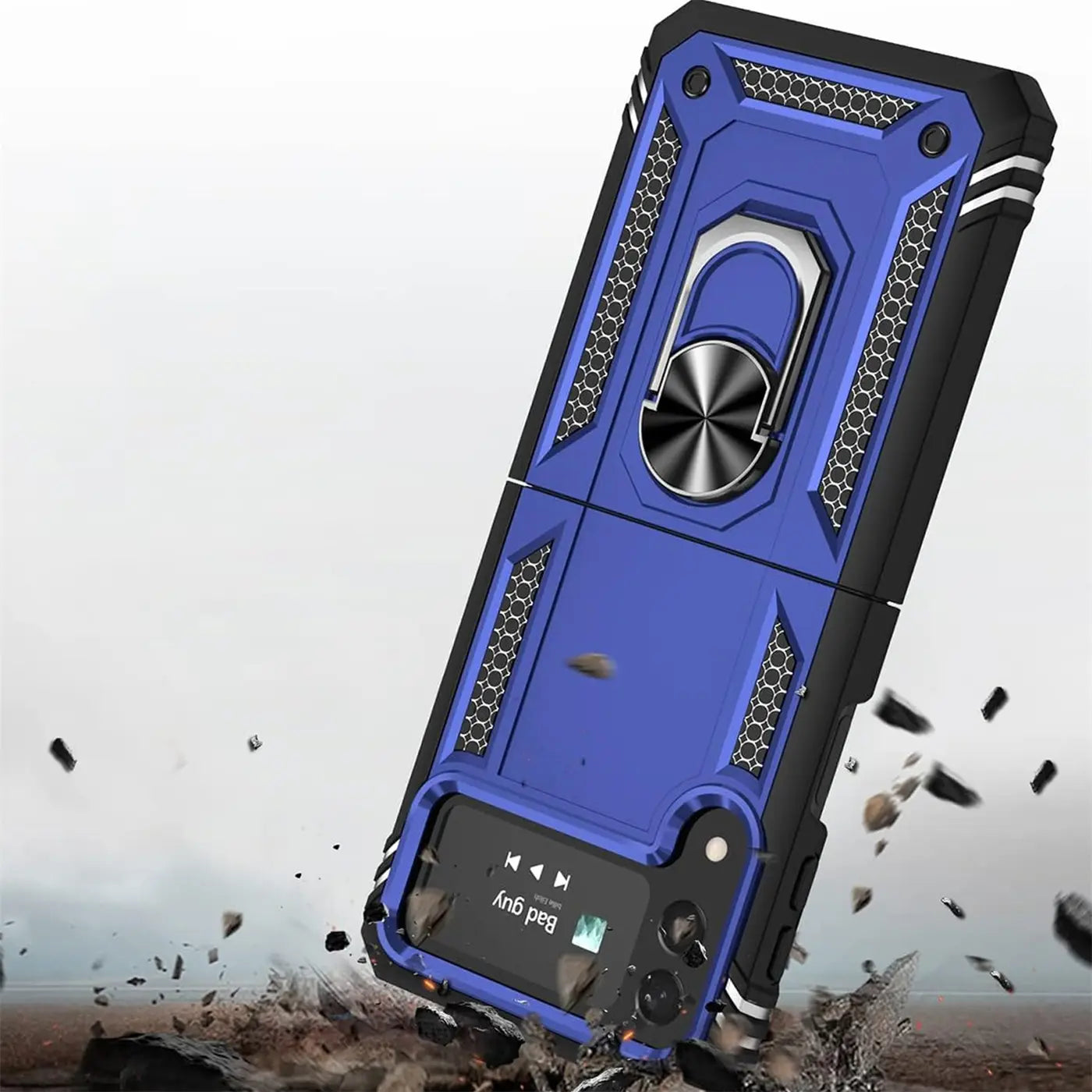 Blaue Military Hülle mit Ringhalter für Samsung Galaxy Z Flip 4, von vorne leicht schräg