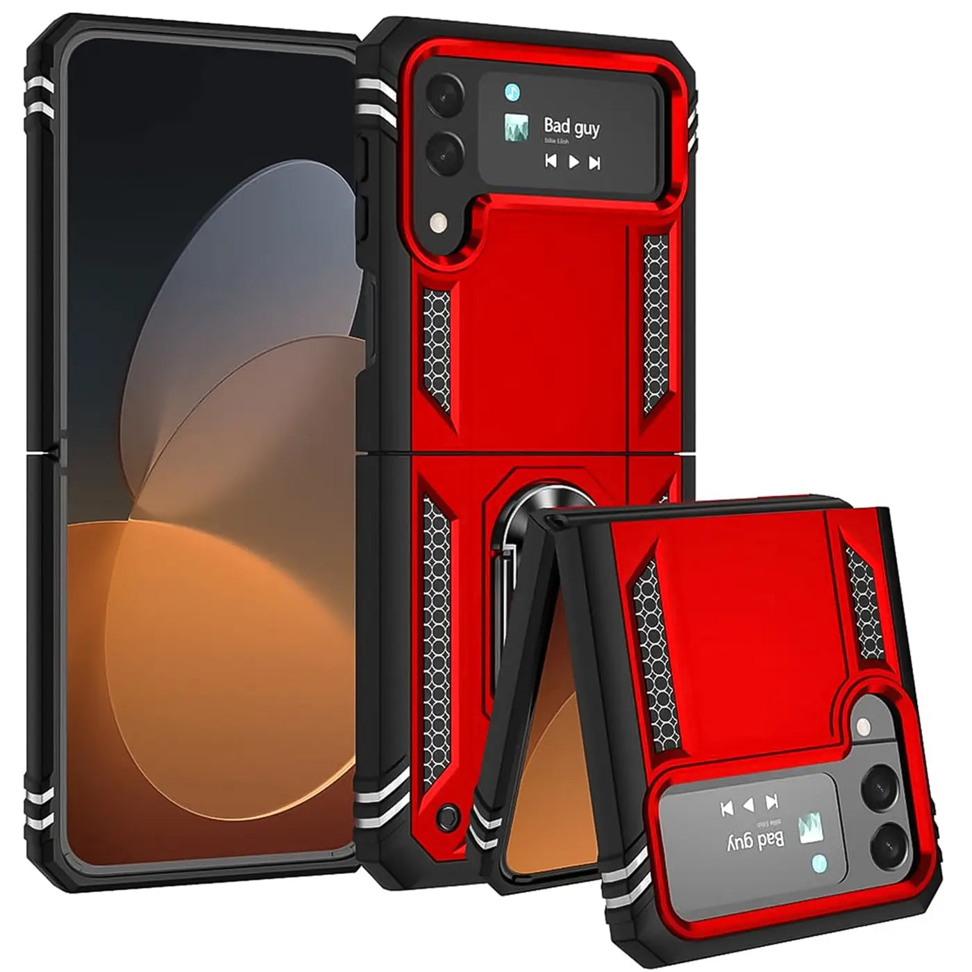 Rote und schwarze Militärhülle aus Kunststoff für Samsung Galaxy Z Flip 4 mit Ringhalter.