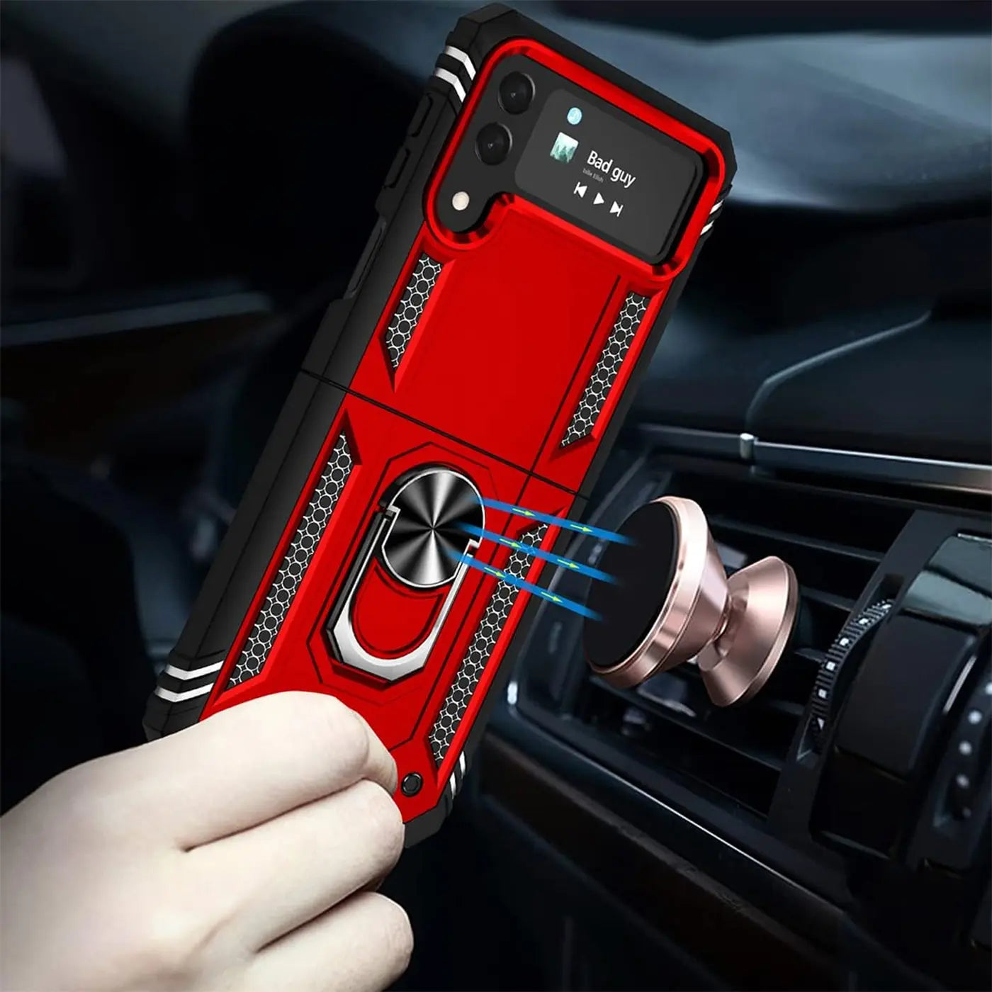 Rote Military Hülle mit Ringhalter für Samsung Galaxy Z Flip 4, Nahaufnahme