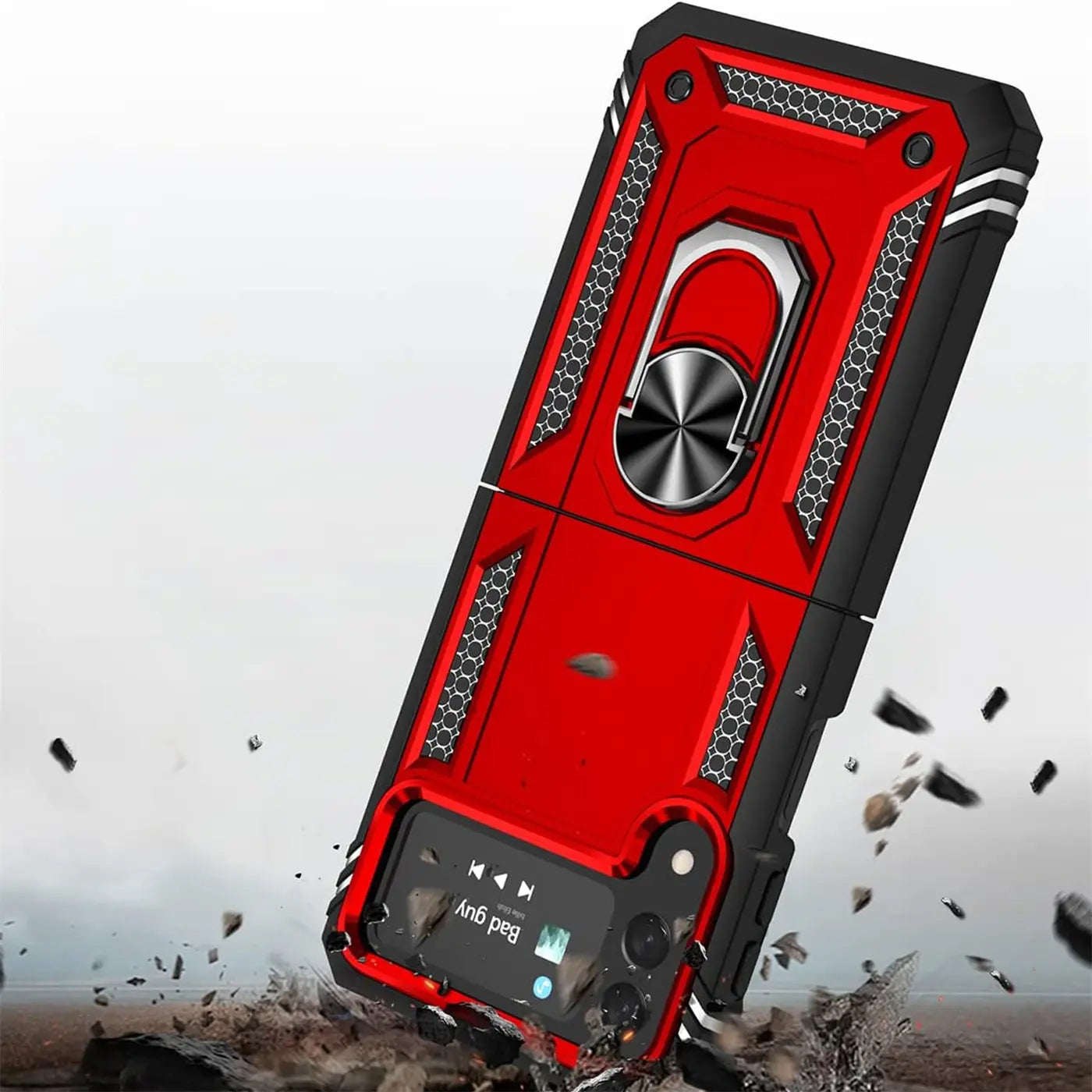 Rote Military-Hülle mit Ringhalter für Samsung Galaxy Z Flip 4, von schräg oben
