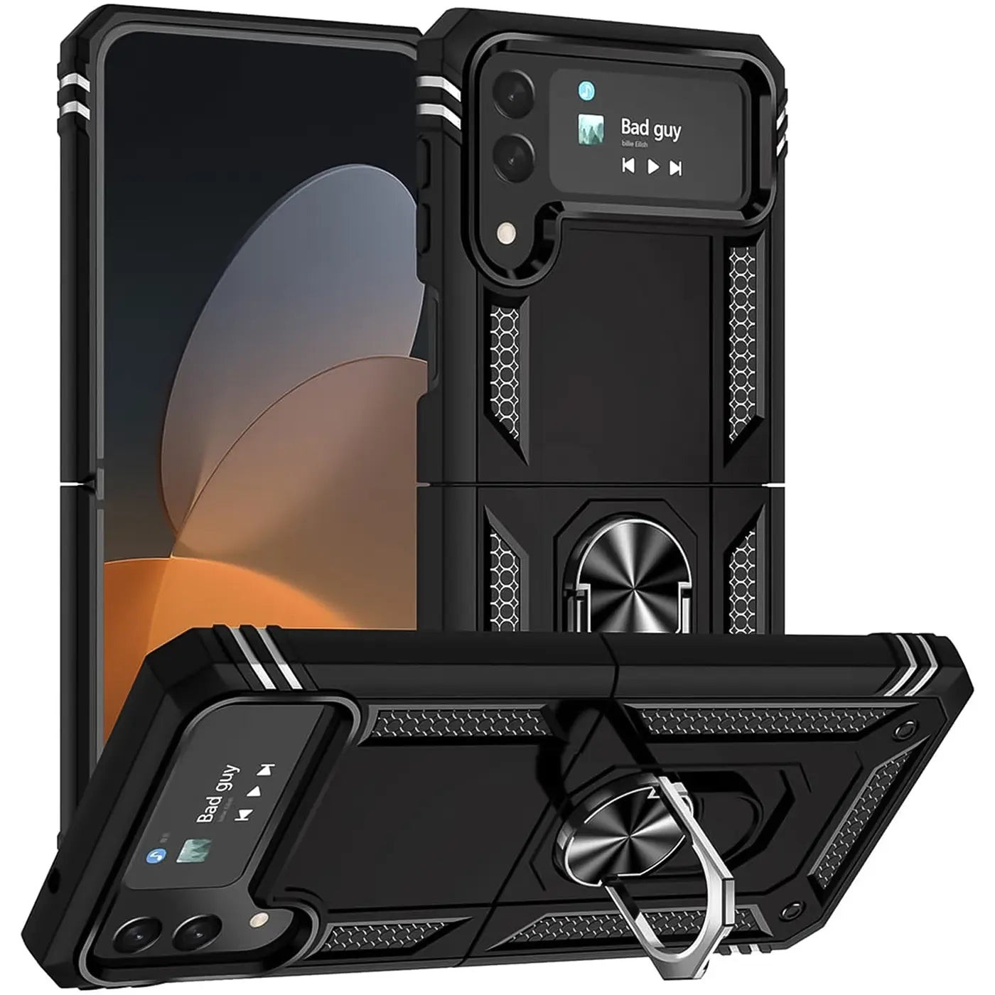 Schwarze Hülle aus Kunststoff/Metall mit Ringhalter für Samsung Galaxy Z Flip 4, von vorne.