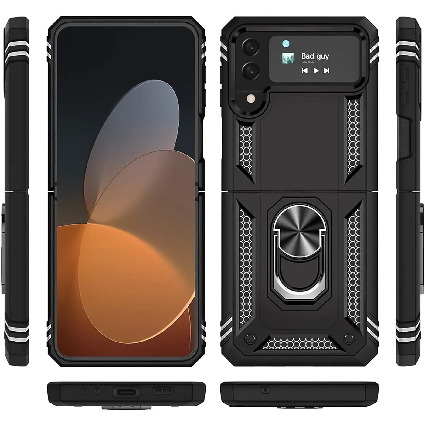 Schwarze Military Hülle aus Kunststoff für Samsung Galaxy Z Flip 4 mit Ringhalter, verschiedene Ansichten.