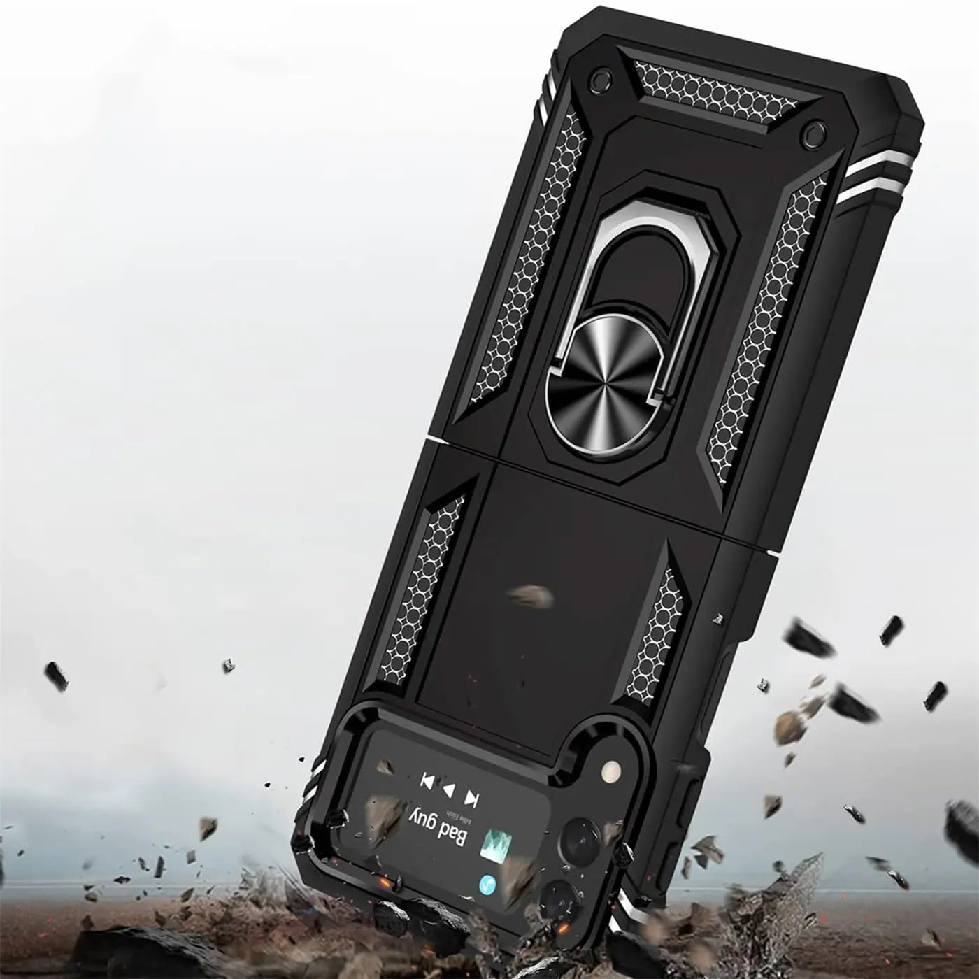 Schwarze Militärhülle mit Ringhalter für Samsung Galaxy Z Flip 4, aus Kunststoff, von vorne schräg