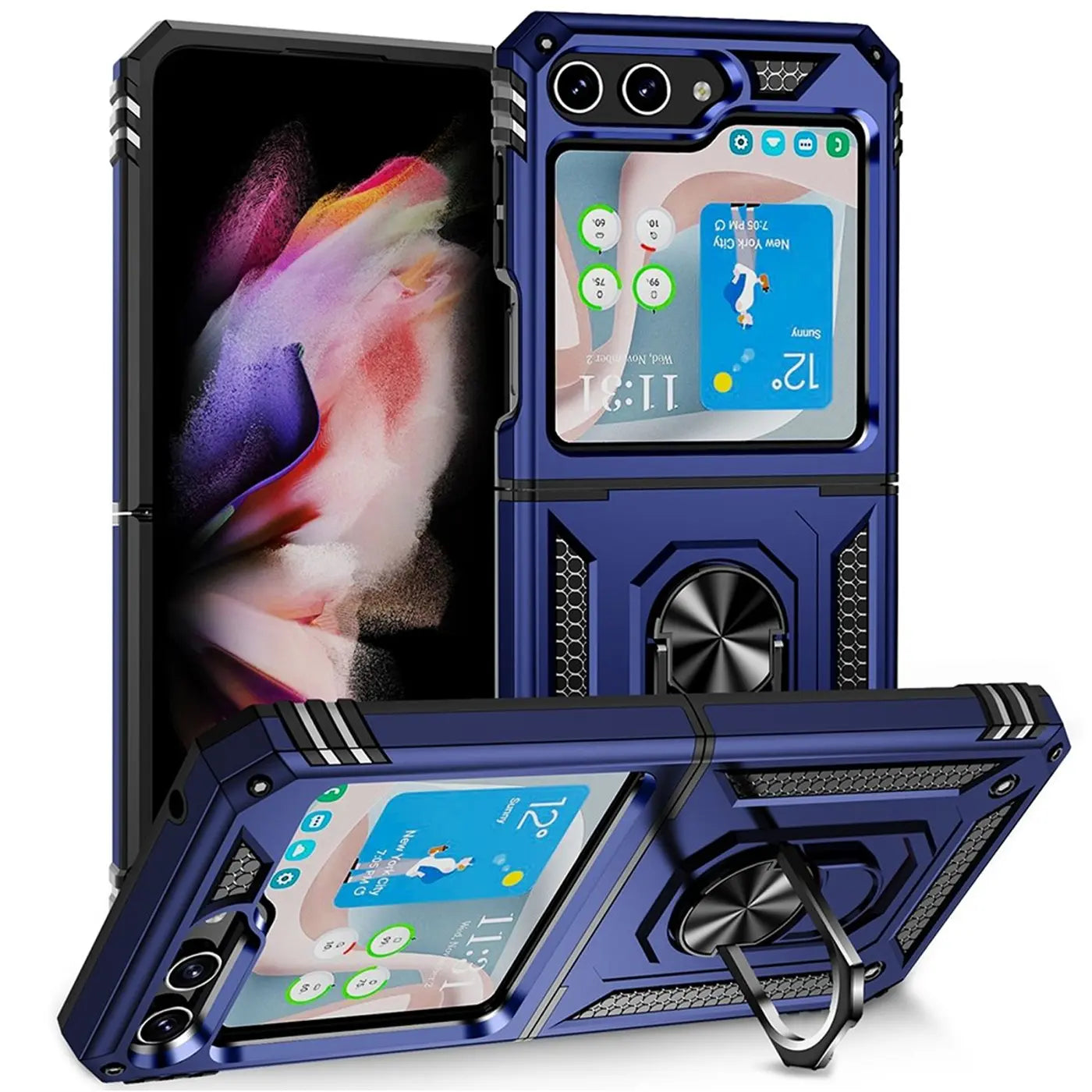 Blaue Military Hülle aus Kunststoff mit Ringhalter für Samsung Galaxy Z Flip 5, Frontansicht.