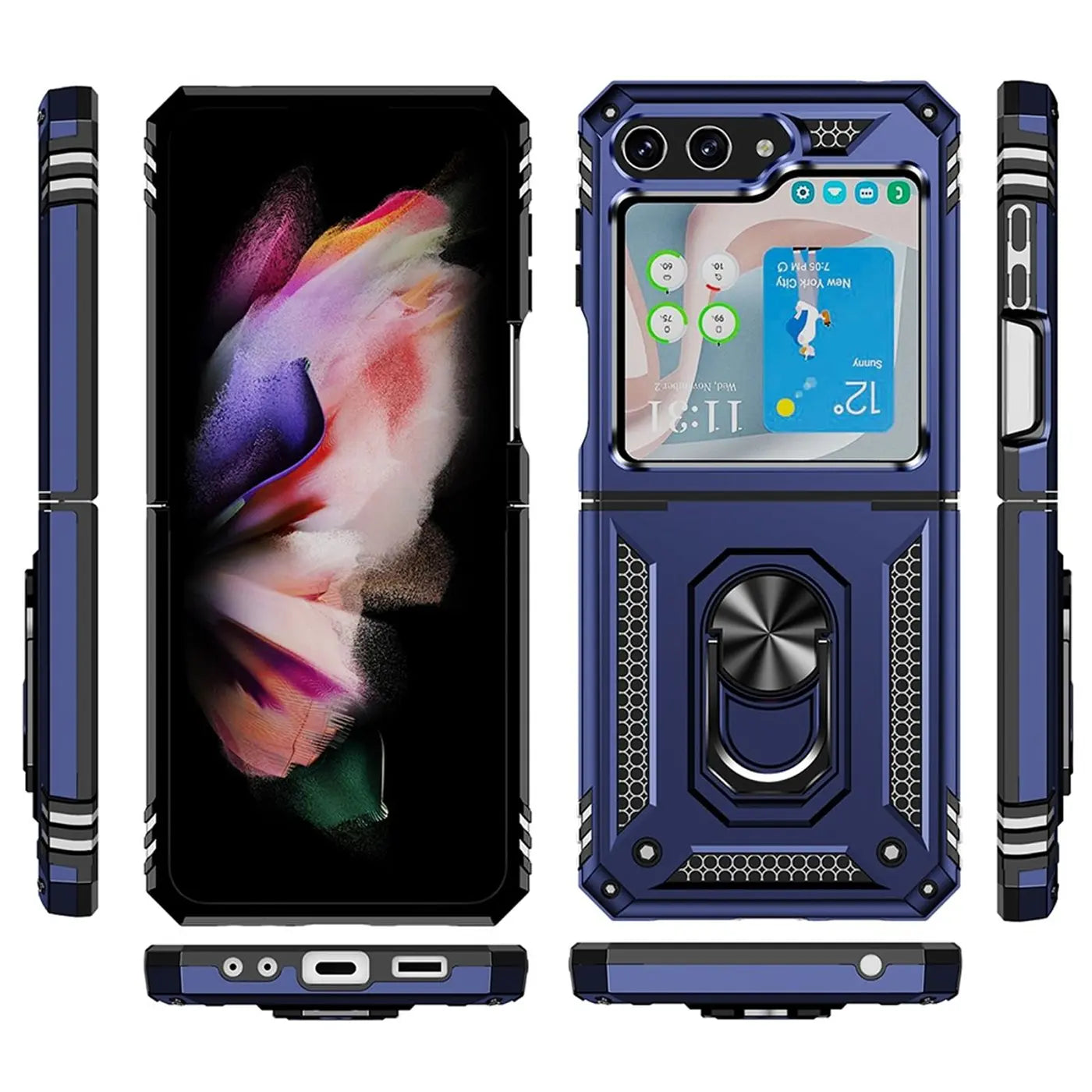 Blaue Hülle mit Ringhalter für Samsung Galaxy Z Flip 5, verschiedene Ansichten