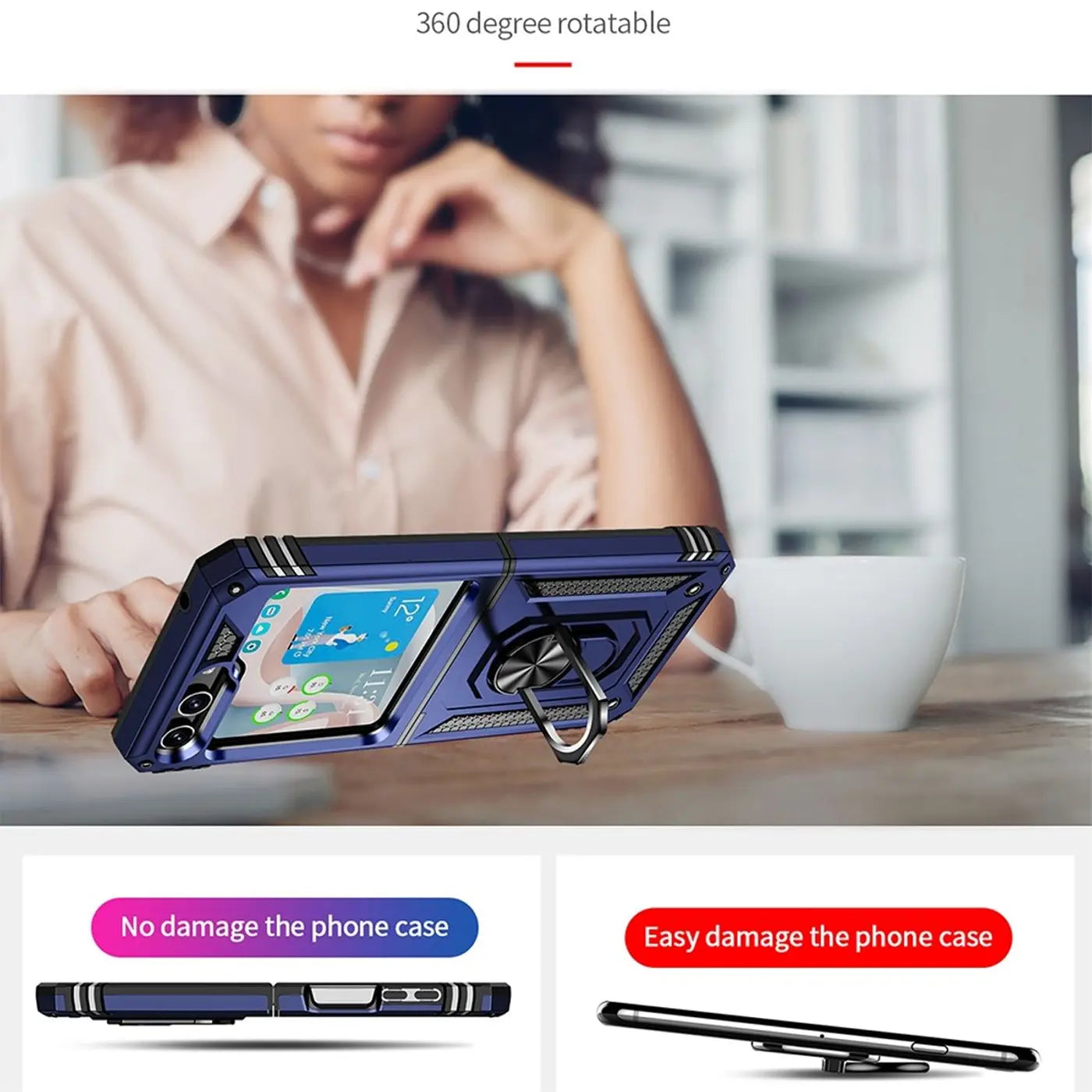 Dunkelblaue Hülle mit Ringhalter für Samsung Galaxy Z Flip 5, aus Kunststoff, von vorne.