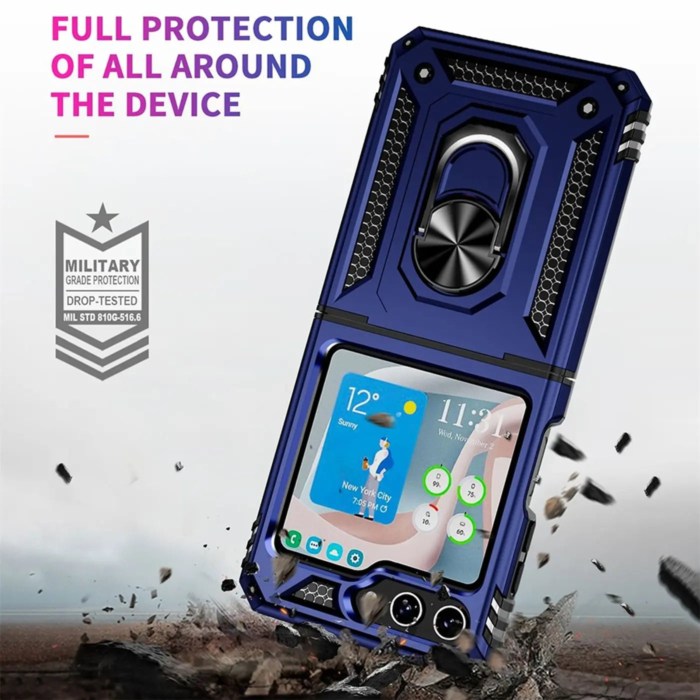 Dunkelblaue Samsung Galaxy Z Flip 5 Hülle aus Kunststoff mit Ringhalter, schräg von vorne