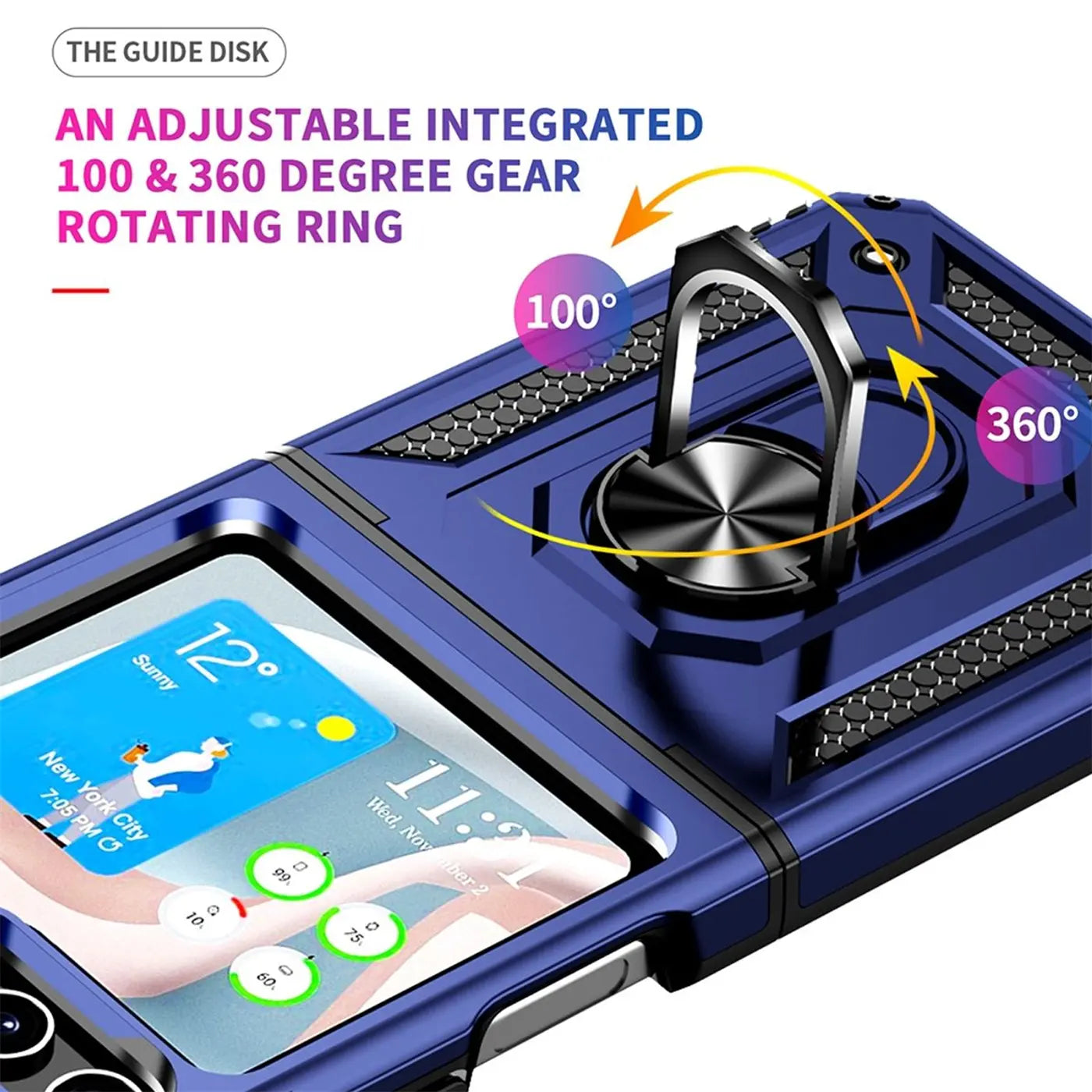 Blaue Hülle aus Kunststoff mit Ringhalter für Samsung Galaxy Z Flip 5, Nahaufnahme.
