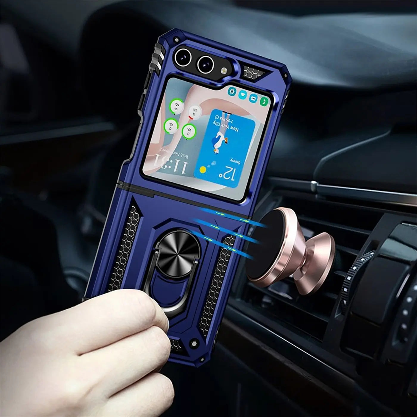Dunkelblaue Hülle mit Ringhalter für Samsung Galaxy Z Flip 5, Nahaufnahme, von vorne