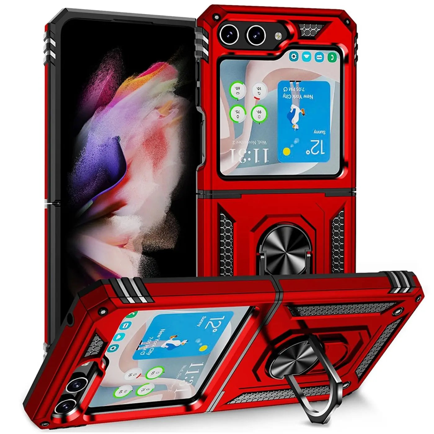Rote Military Hülle mit Ringhalter für Samsung Galaxy Z Flip 5, von vorne/schräg
