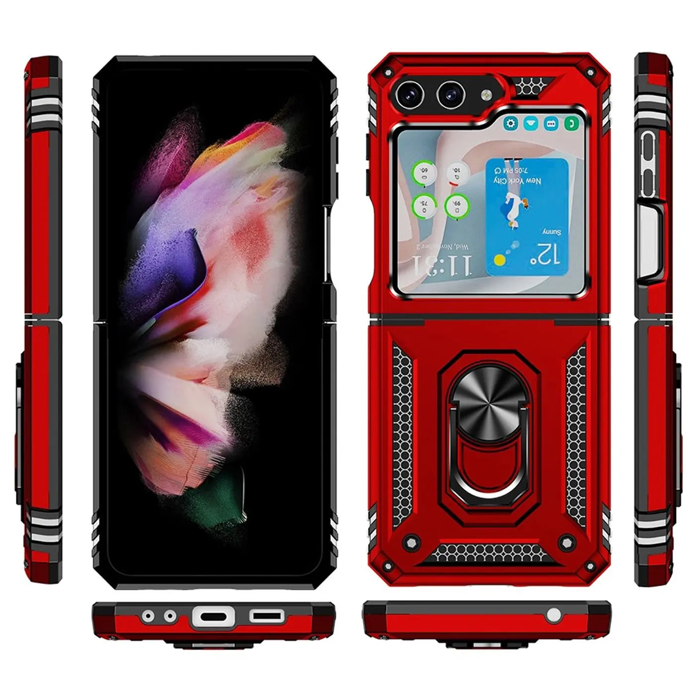 Rote Military Hülle mit Ringhalter für Samsung Galaxy Z Flip 5, verschiedene Ansichten