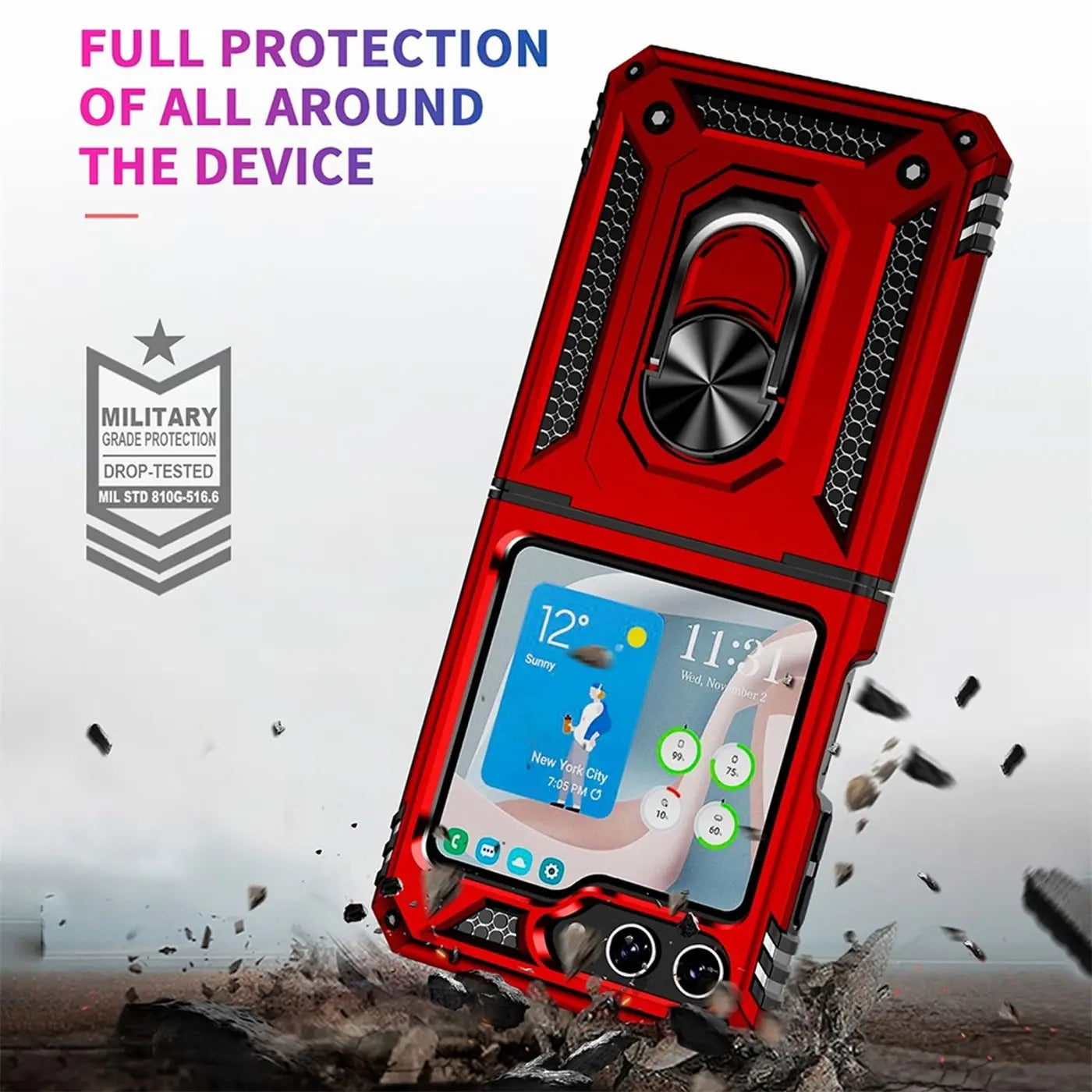Rote Military Hülle mit Ringhalter für Samsung Galaxy Z Flip 5, von vorne, Metall/Kunststoff