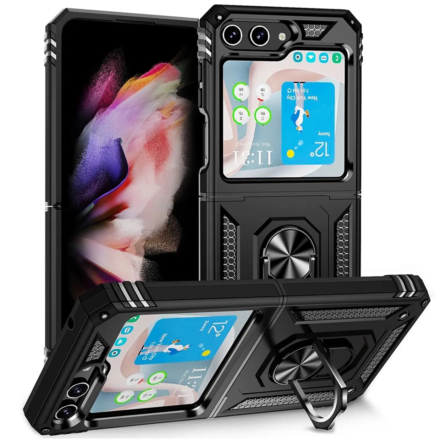 Schwarze Militärhülle aus Kunststoff mit Ringhalter für Samsung Galaxy Z Flip 5, Vorderansicht.