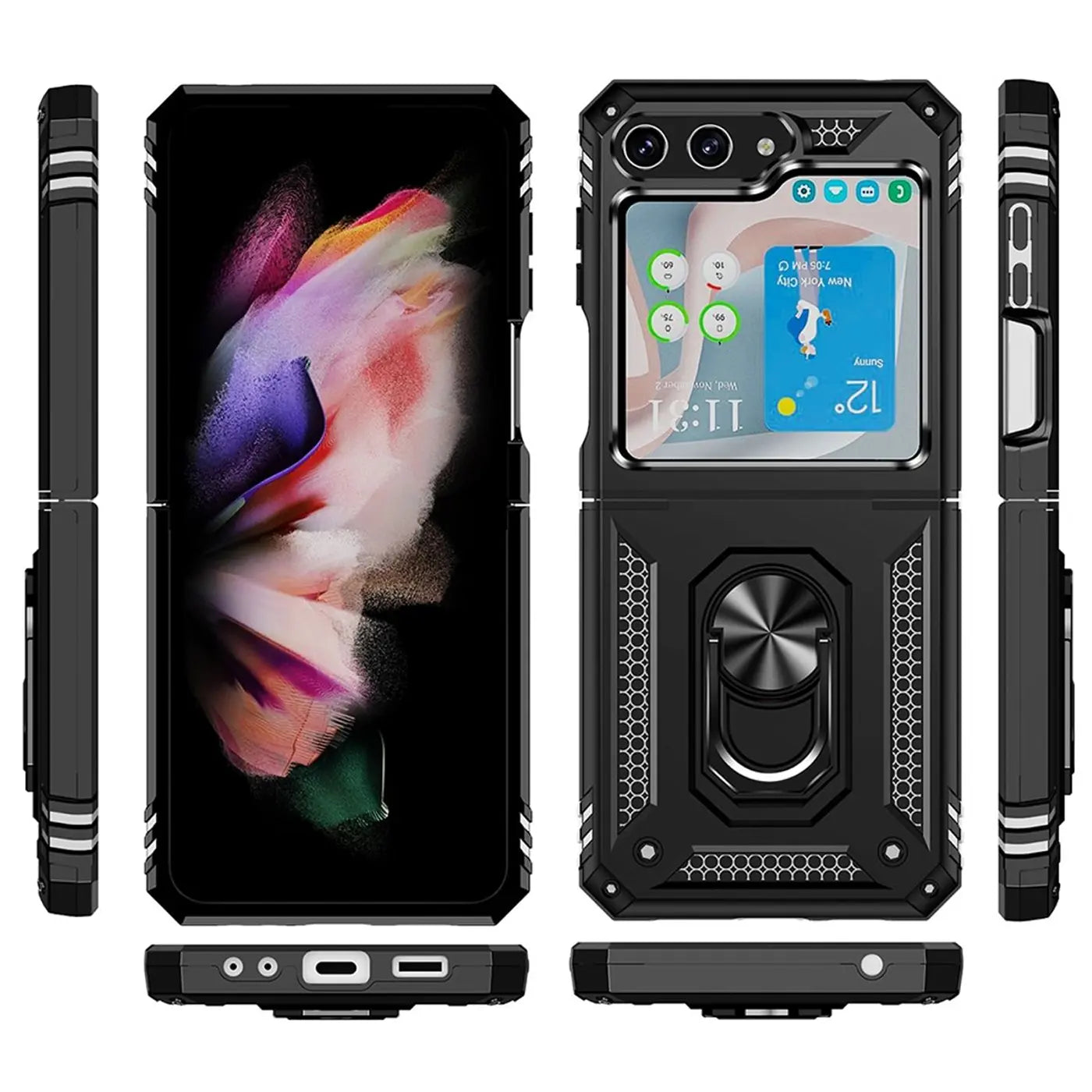 Schwarze Military Hülle für Samsung Galaxy Z Flip 5 mit Ringhalter, verschiedene Ansichten.