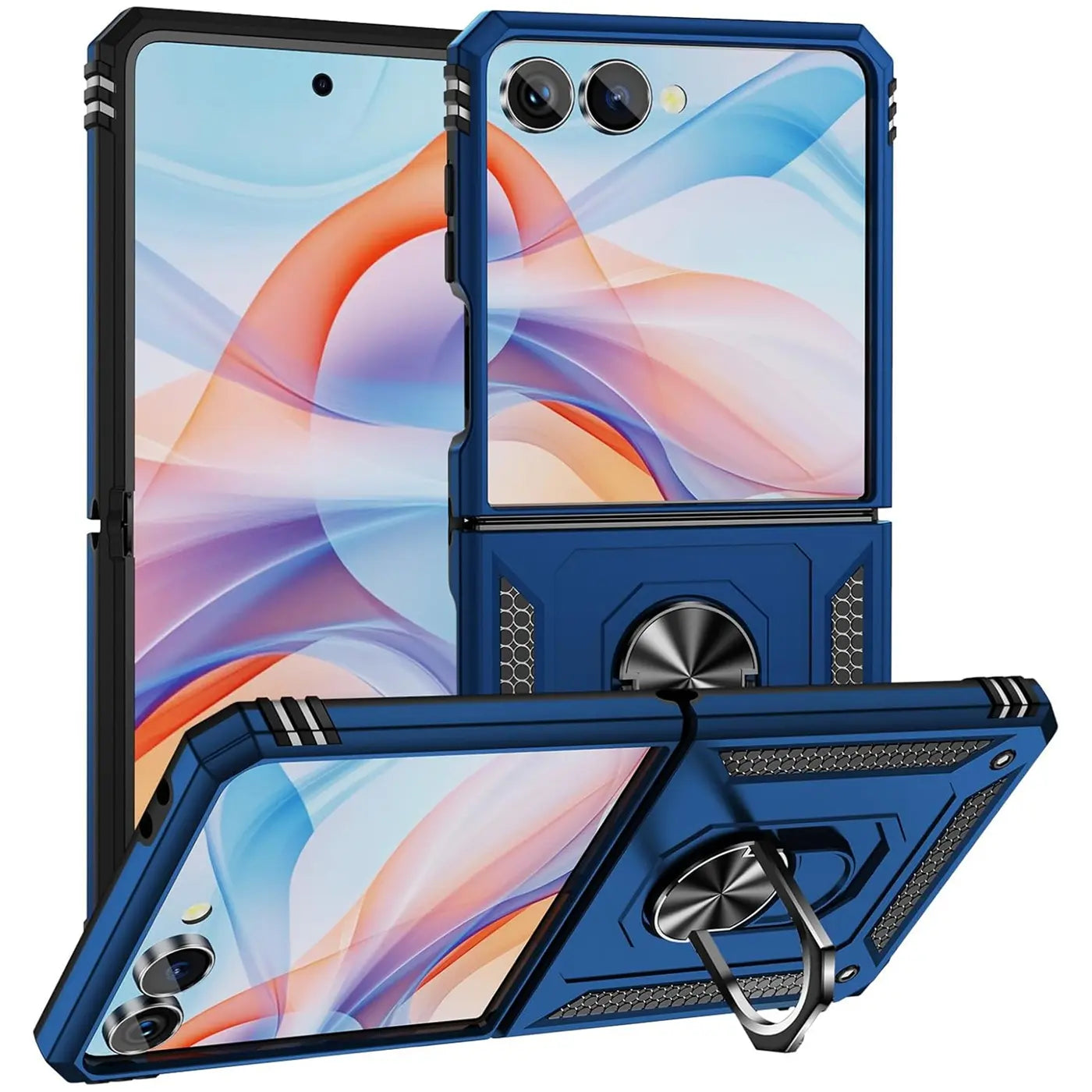 Blaue Hülle mit Ringhalter für Samsung Galaxy Z Flip 7, von vorne schräg.