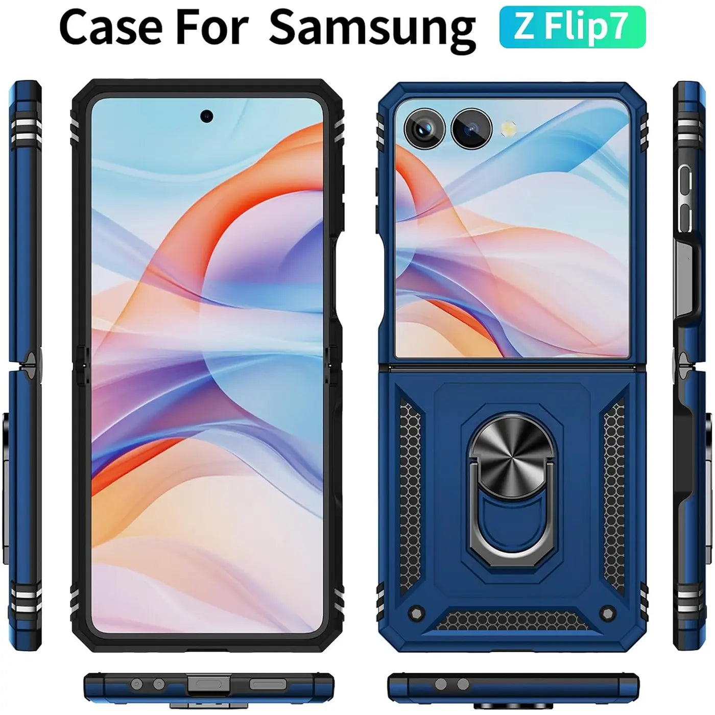 Blaue Military Hülle mit Ringhalter für Samsung Z Flip7, verschiedene Ansichten