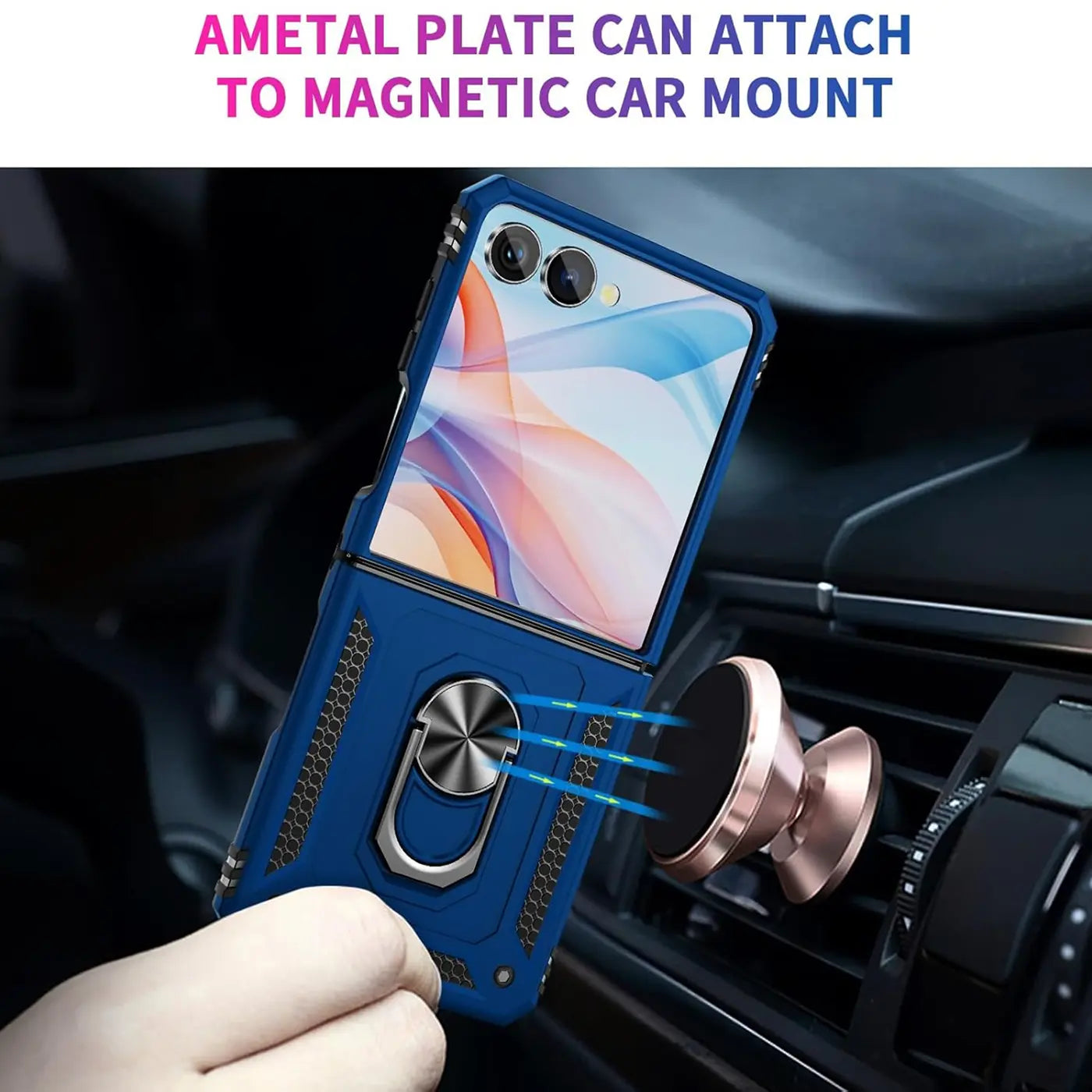 Blaues Samsung Galaxy Z Flip 7 Hülle aus Kunststoff mit Ringhalter, von vorne gesehen.