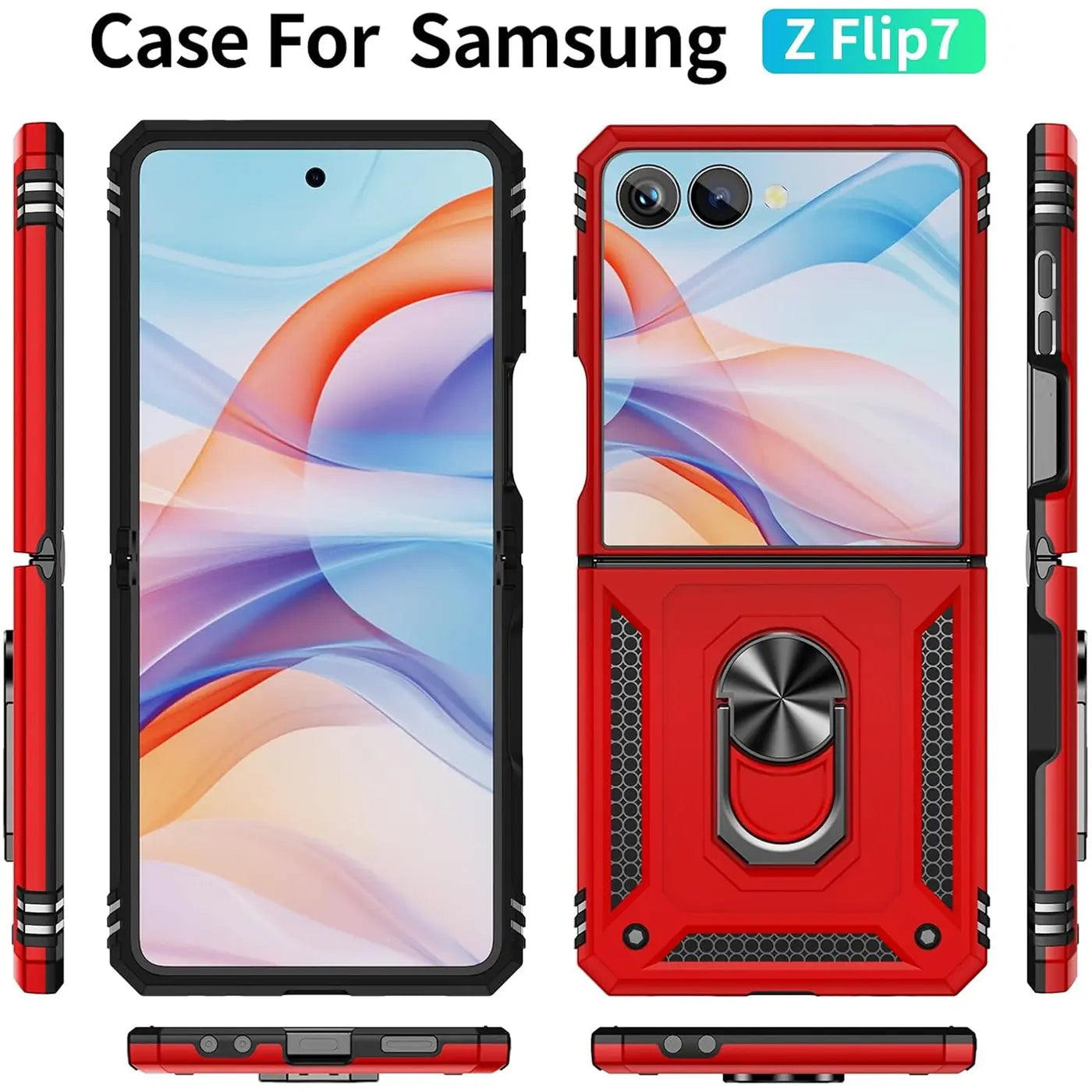 Rote Military Hülle mit Ringhalter für Samsung Galaxy Z Flip 7, Vorder- und Rückansicht