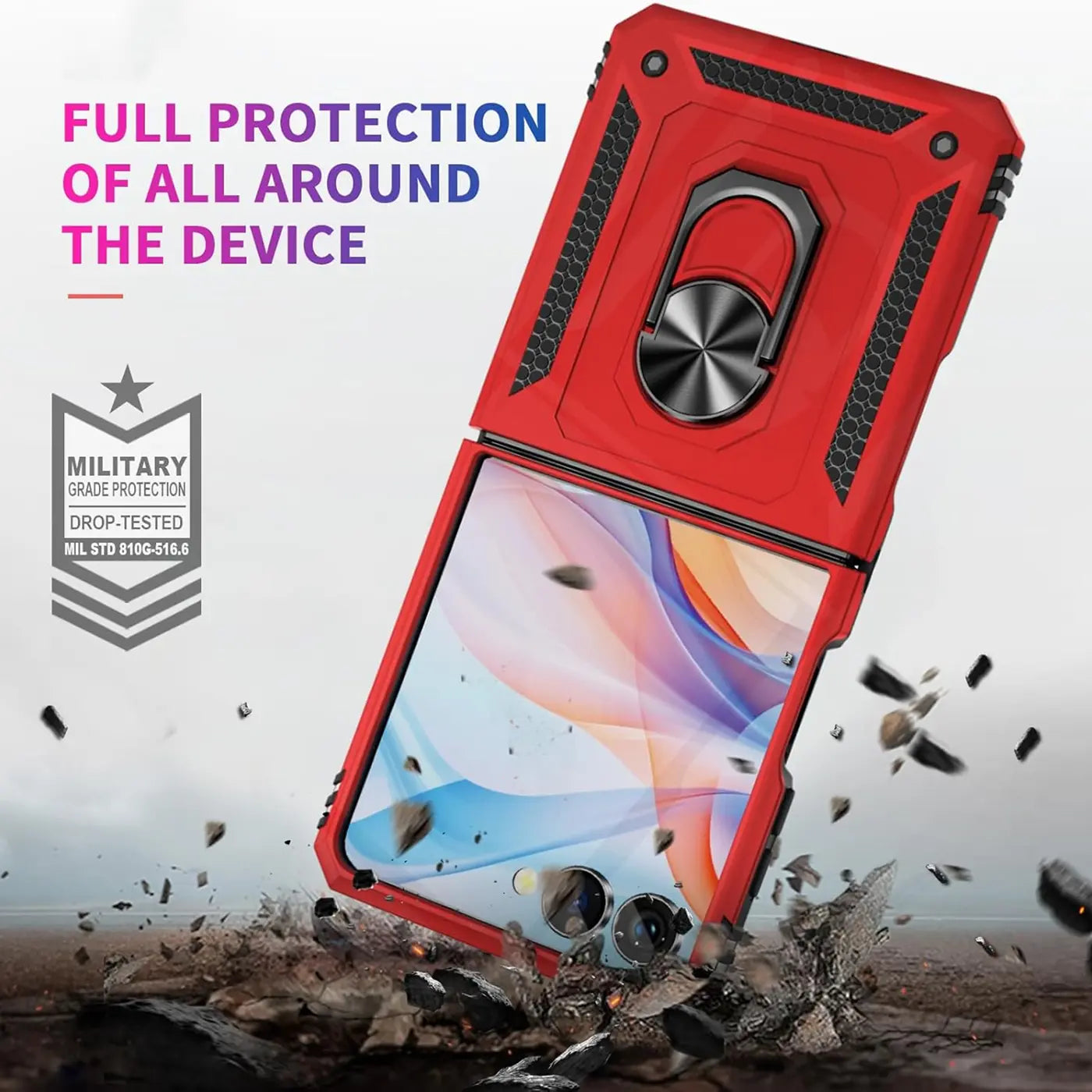 Rote Military-Hülle mit Ringhalter für Samsung Galaxy Z Flip 7, von vorne schräg