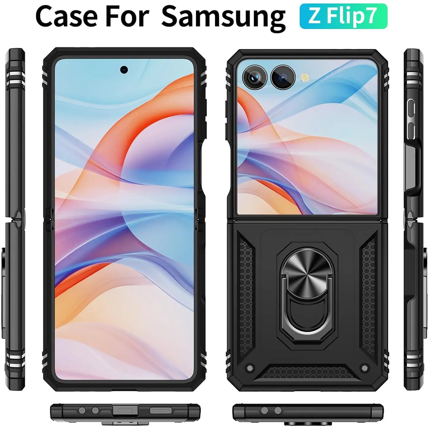 Schwarze Hülle aus Kunststoff mit Ringhalter für Samsung Galaxy Z Flip 7, Vorder- und Rückansicht.