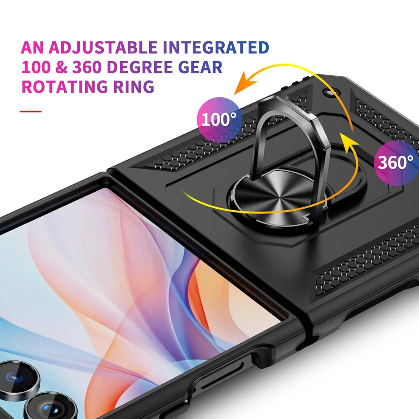 Schwarze Hülle aus Kunststoff mit Ringhalter für Samsung Galaxy Z Flip 7, Nahaufnahme.