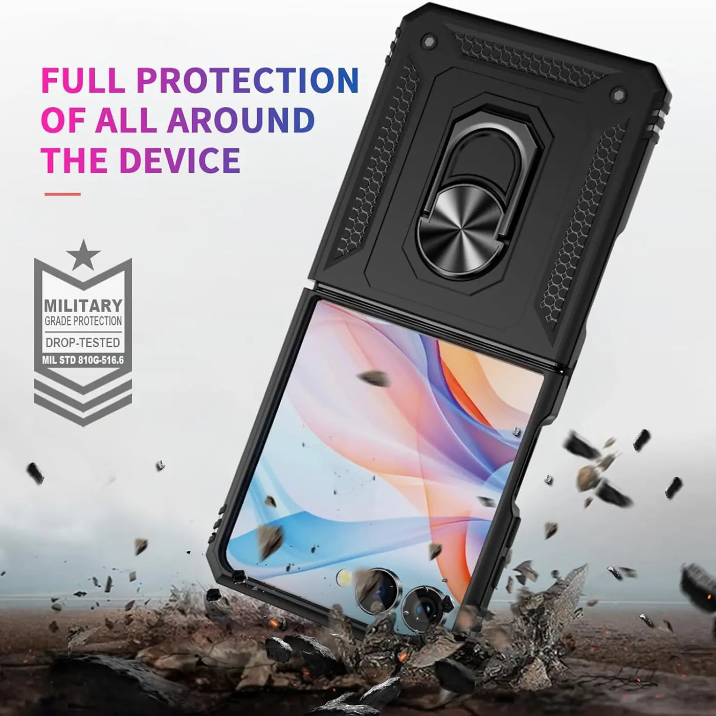 Schwarze Militär-Hülle mit Ringhalter für Samsung Galaxy Z Flip 7, von vorne.