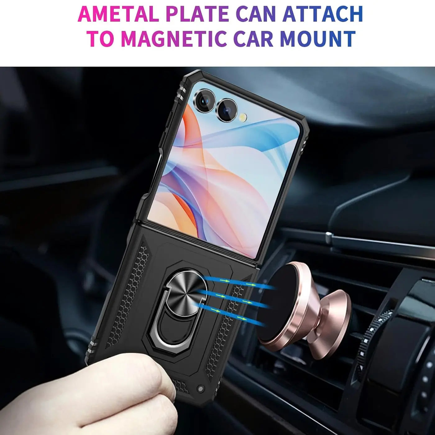 Schwarze Hülle mit Ringhalter für Samsung Galaxy Z Flip, Nahaufnahme, im Auto