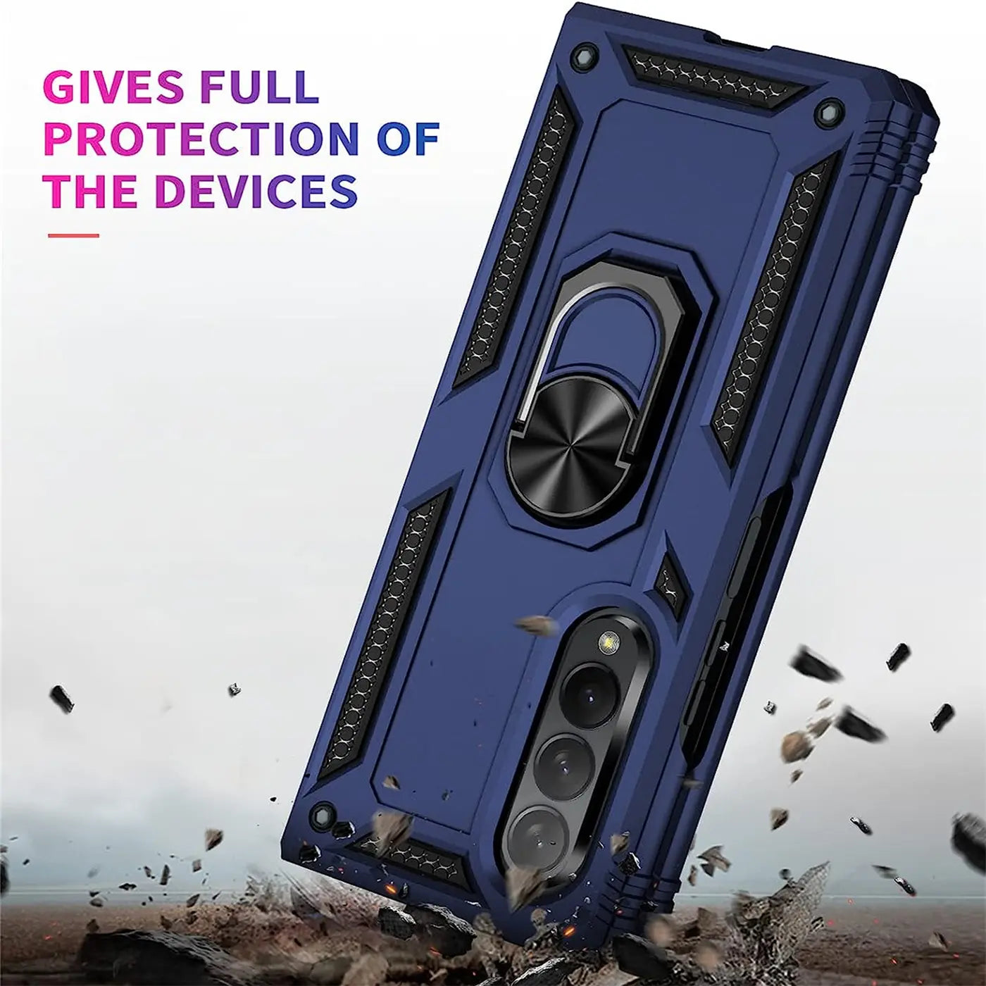 Dunkelblaue Hülle aus Kunststoff mit Ringhalter für Samsung Galaxy Z Fold 3, von schräg oben gesehen.