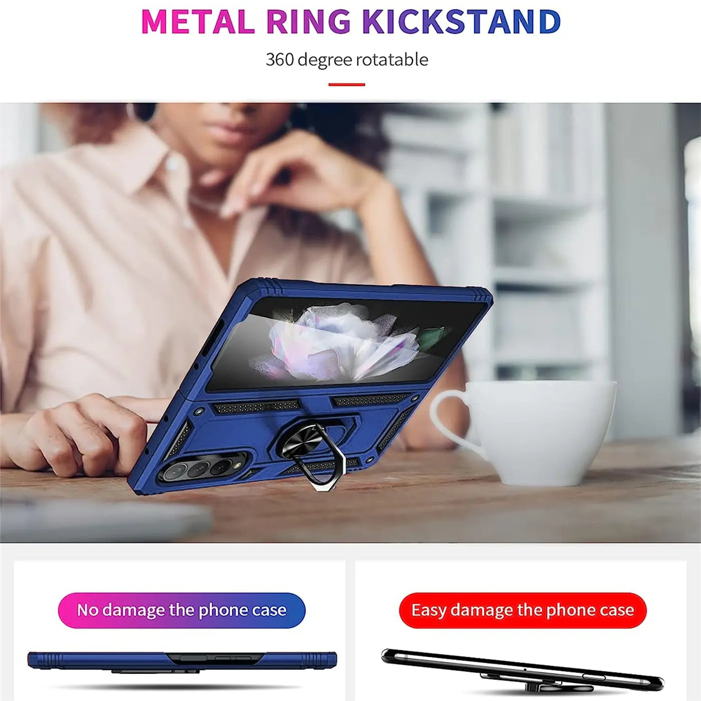 Blaue Hülle mit Ringhalter für Samsung Galaxy Z Fold 3, aus Kunststoff, von vorne gesehen.