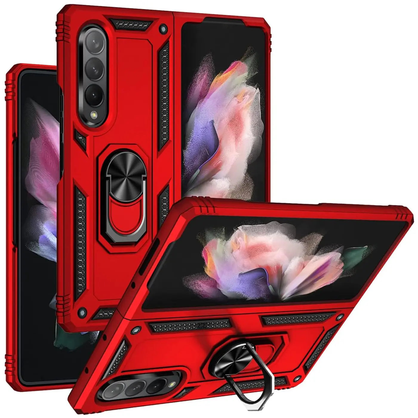 Rote Hülle aus Kunststoff mit Ringhalter für Samsung Galaxy Z Fold 3, von vorne/schräg