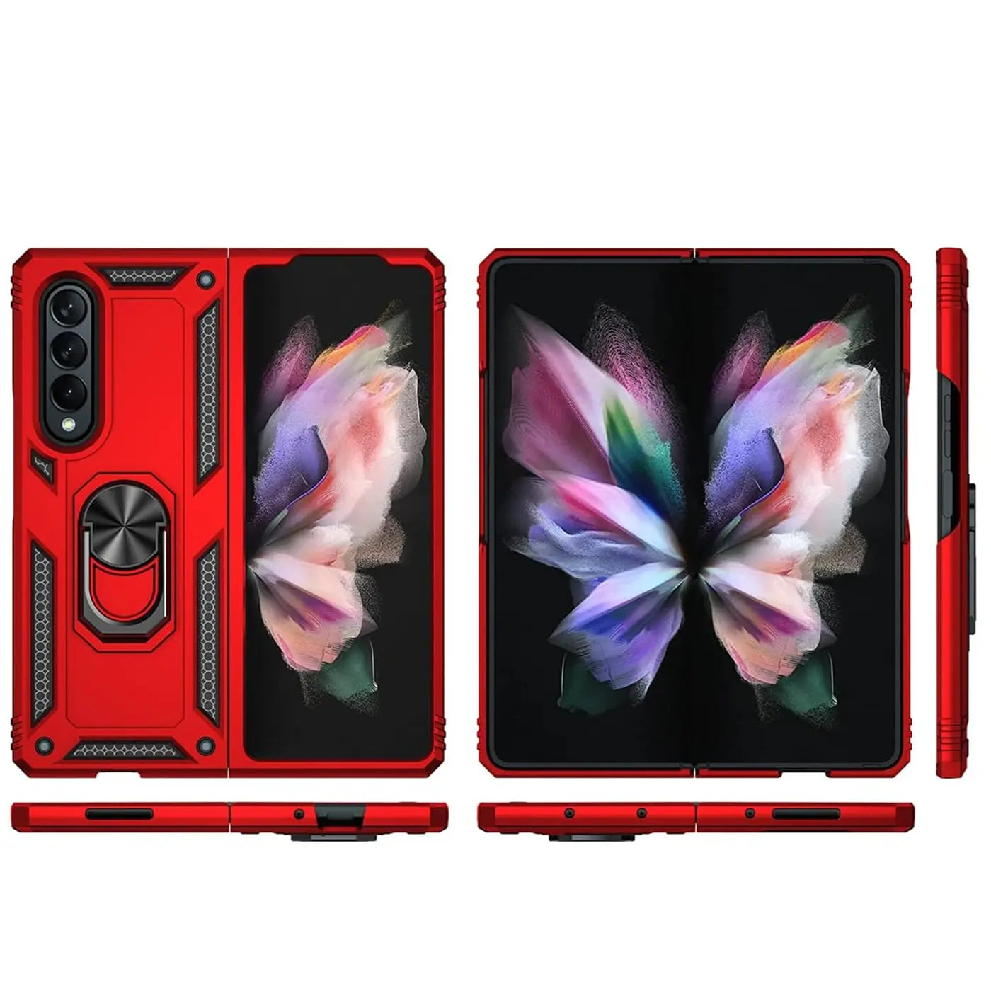 Rote Hülle mit Ringhalter für Samsung Galaxy Z Fold 3, von vorne, offen und von der Seite