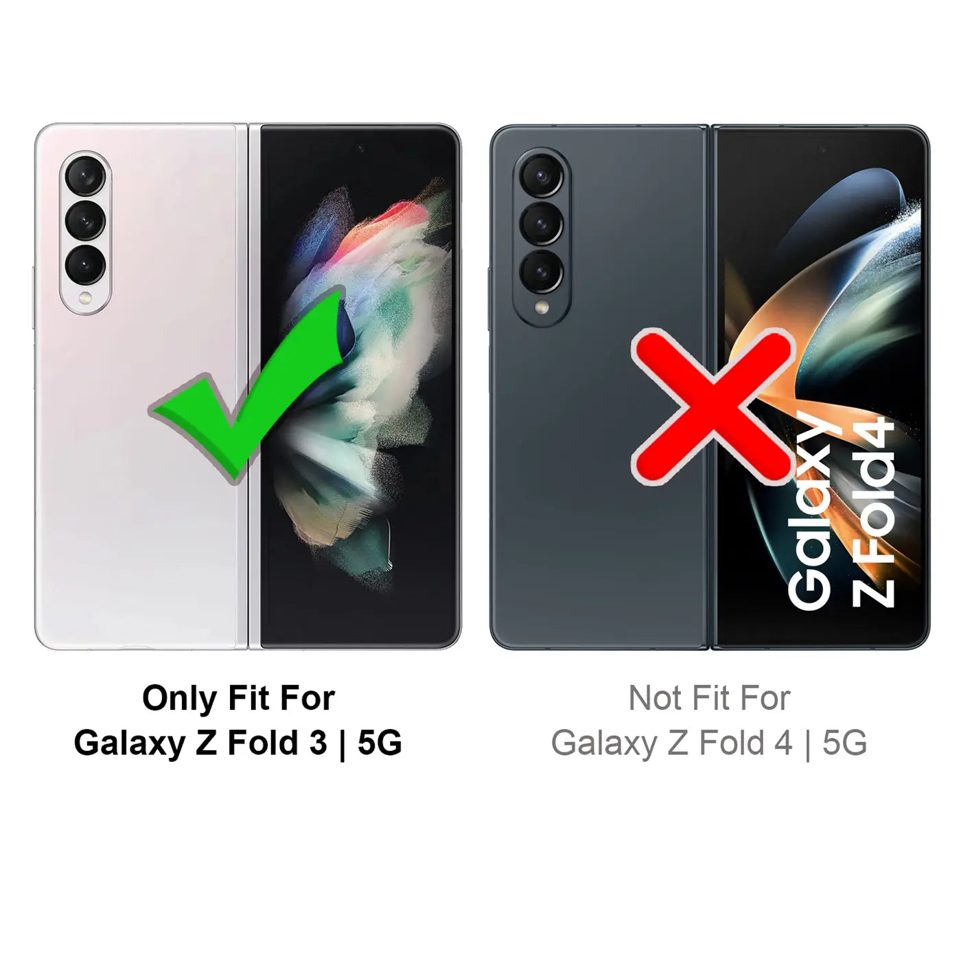 Zwei Samsung Galaxy Z Fold Handys, eines passt, eines nicht. Grün/Rot-Symbol.