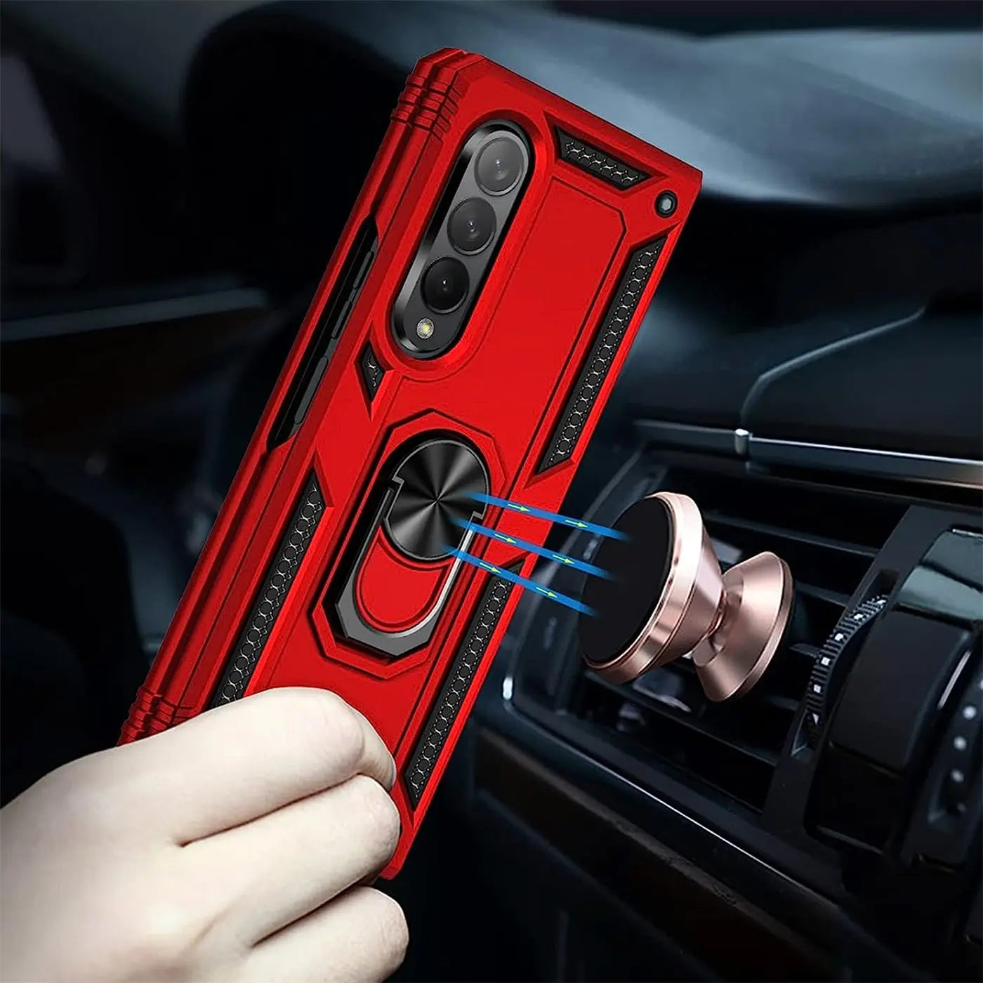 Rote Hülle mit Ringhalter für Samsung Galaxy Z Fold 3, von vorne, Metall/Kunststoff.