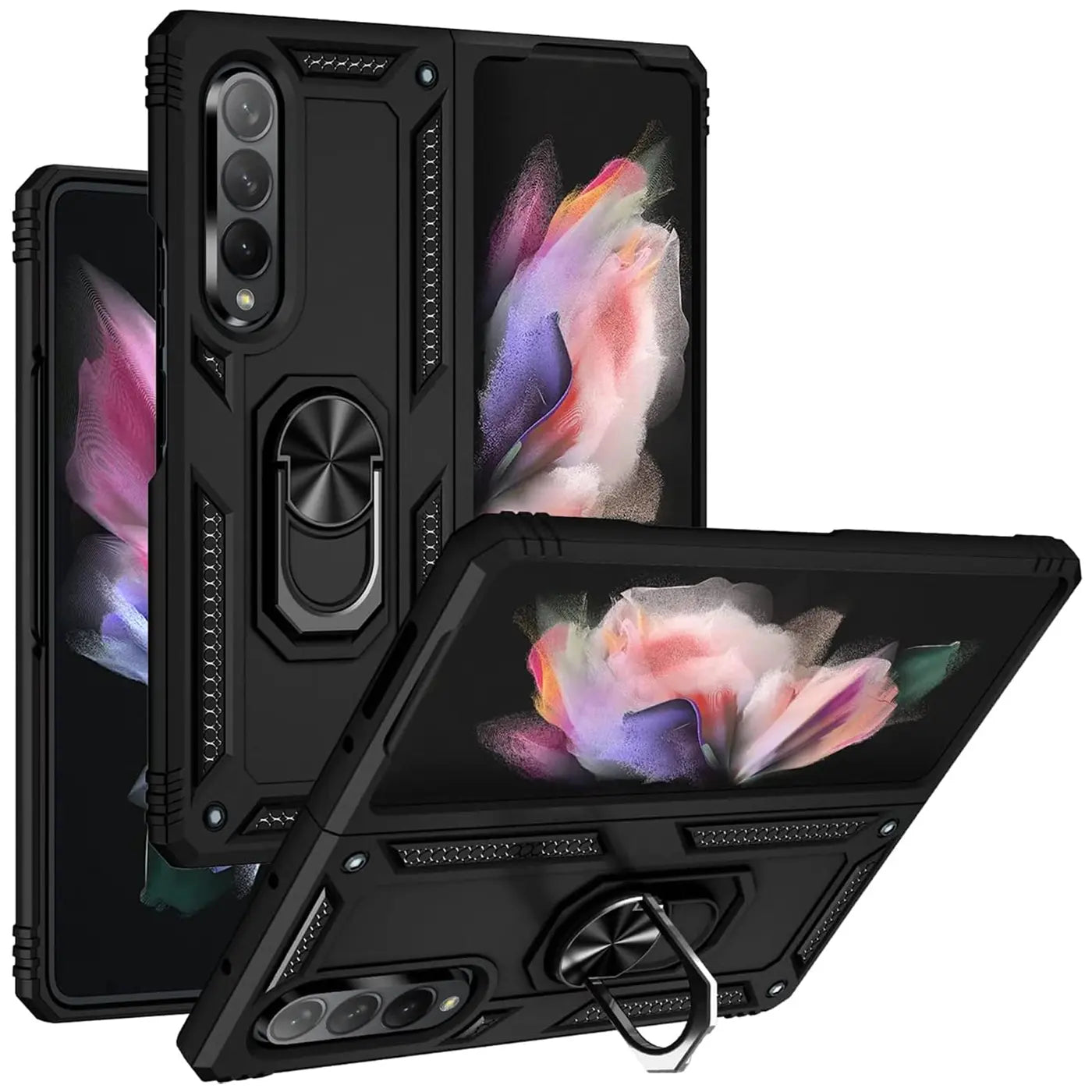 Schwarze Handyhülle aus Kunststoff mit Ringhalter für Samsung Galaxy Z Fold 3, von vorne schräg