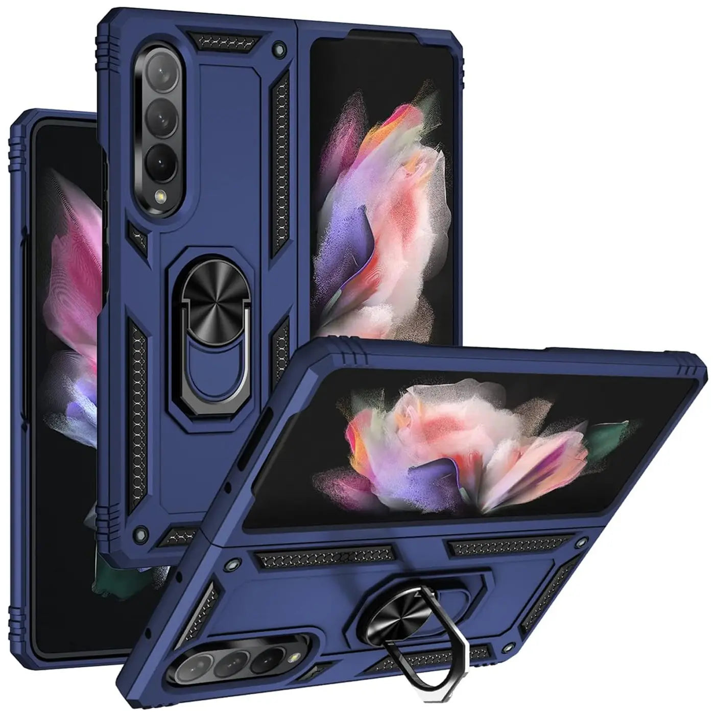 Dunkelblaue Hülle aus Kunststoff mit Ringhalter für Samsung Galaxy Z Fold 4, von vorne schräg