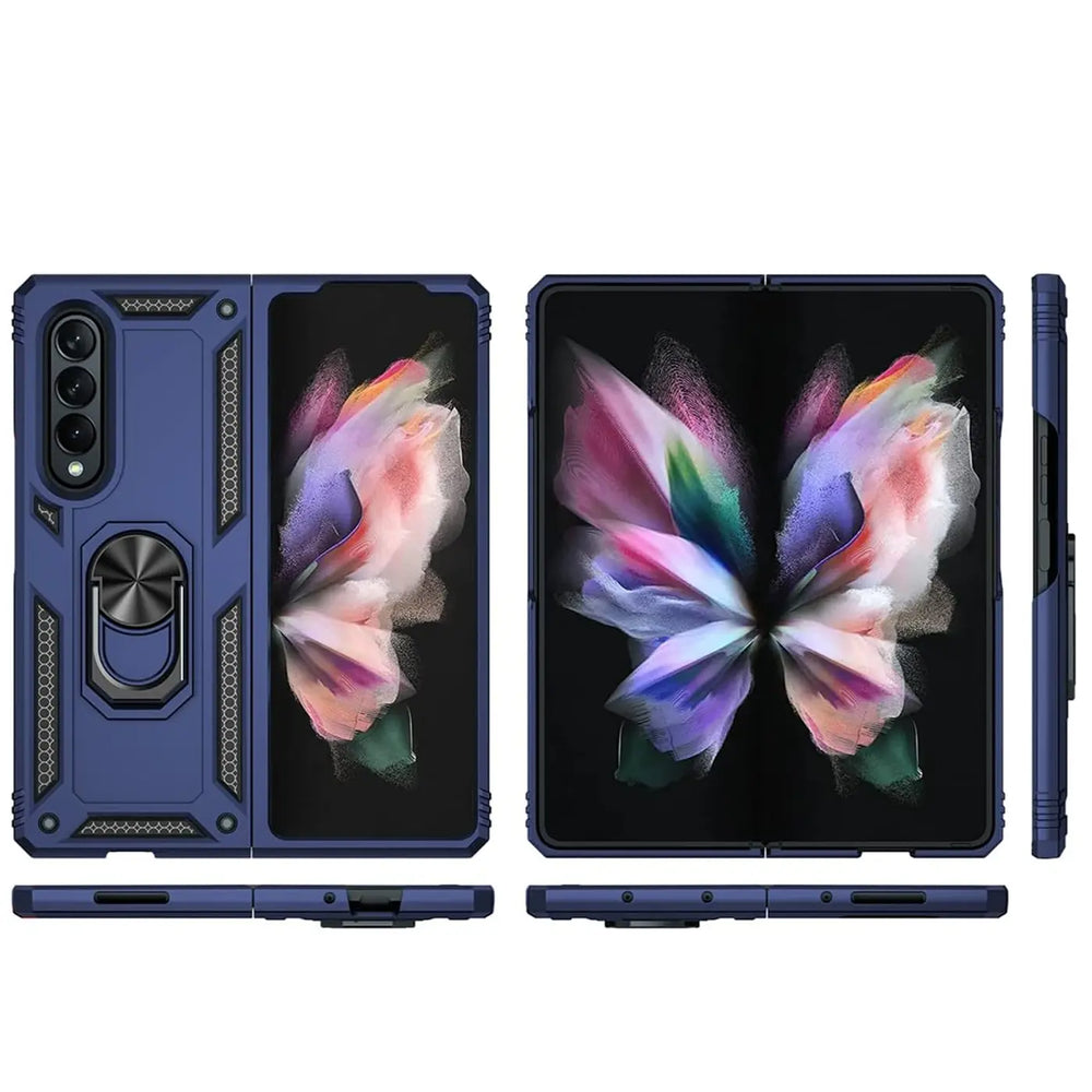 Blaue Hülle mit Ringhalter für Samsung Galaxy Z Fold 4, Vorder- und Seitenansicht.