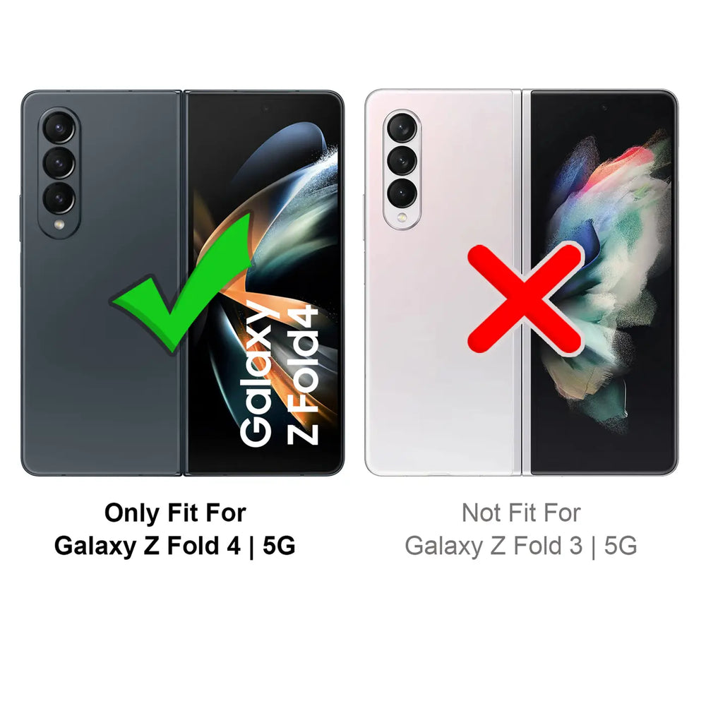 Samsung Galaxy Z Fold 4 (links, dunkelgrau) mit Häkchen, Z Fold 3 (rechts, weiß) mit Kreuz.