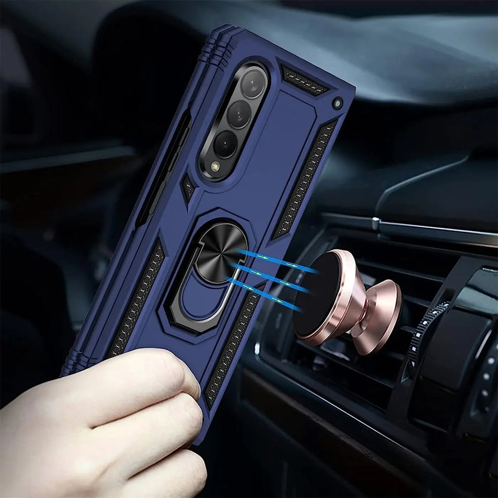 Blaue Military Hülle mit Ringhalter für Samsung Galaxy Z Fold 4, von vorne, im Auto