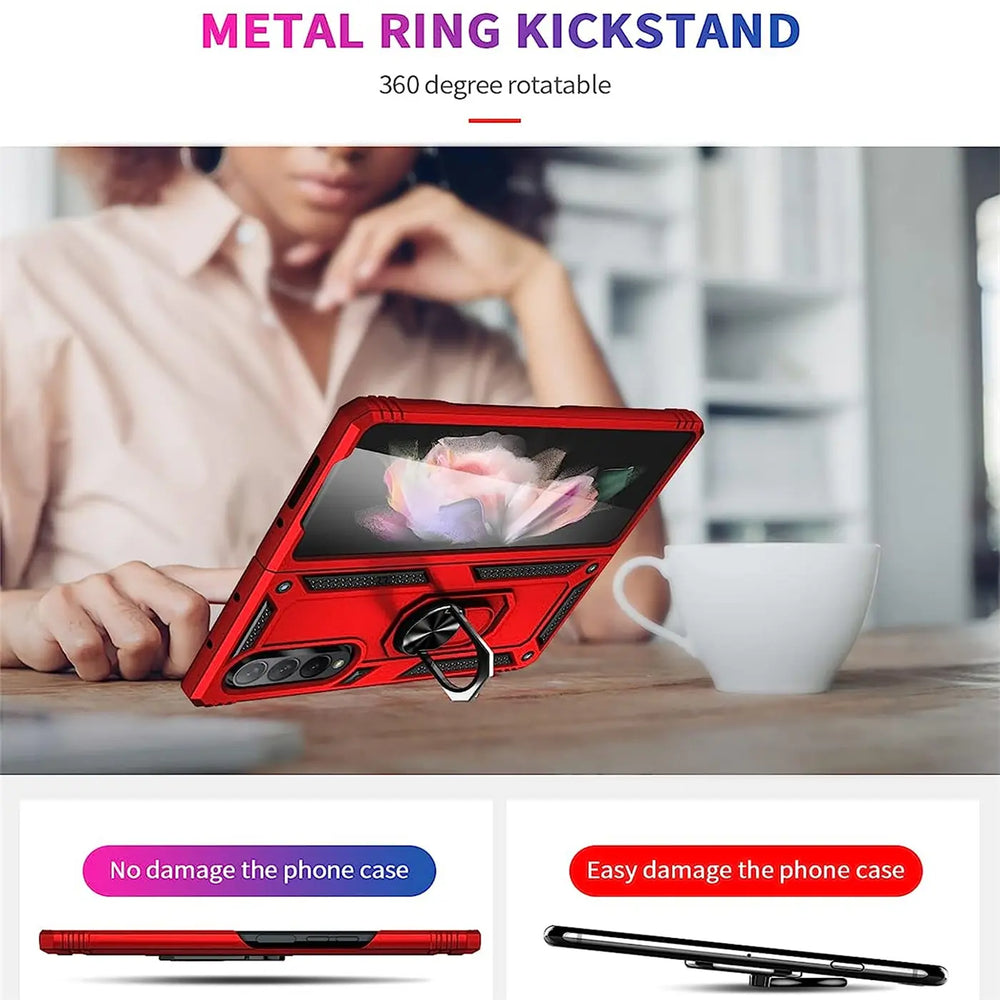 Rote Hülle mit Ringhalter für Samsung Galaxy Z Fold 4, von vorne, aus Kunststoff.