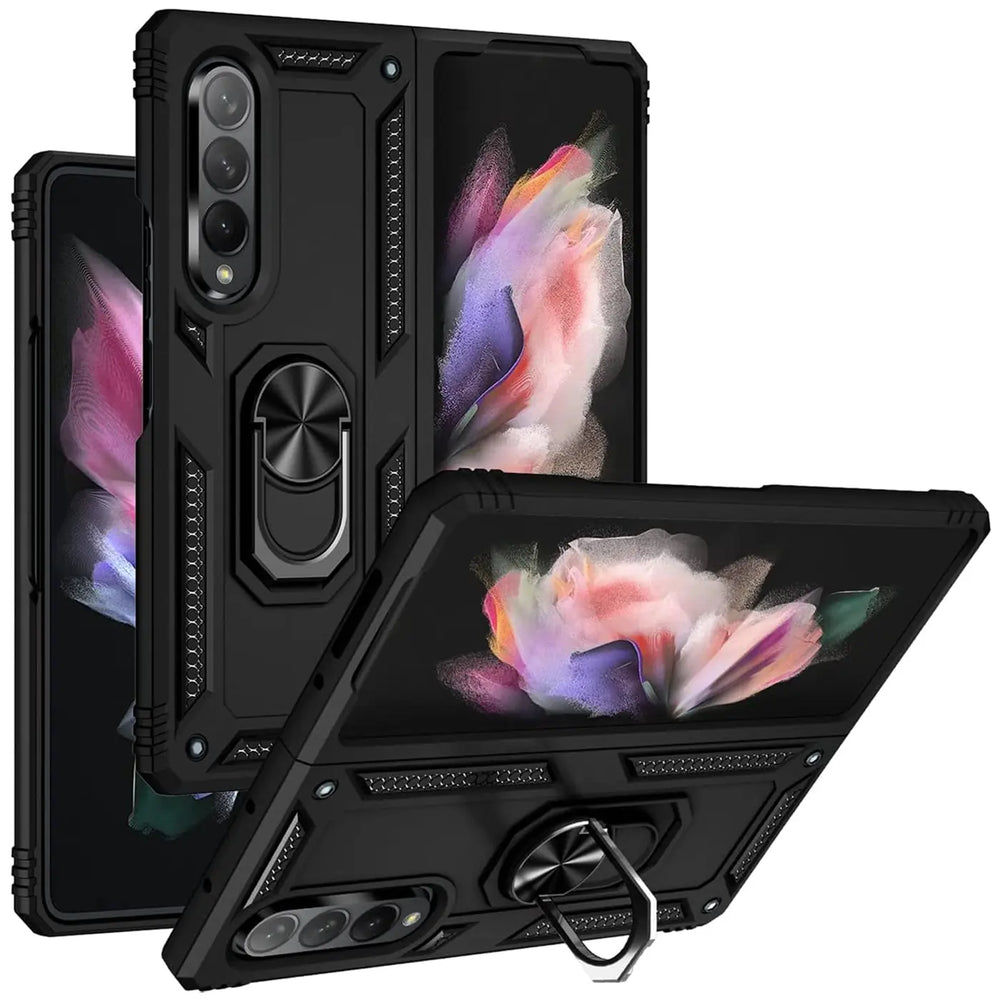 Schwarze Hülle aus Kunststoff mit Ringhalter für Samsung Galaxy Z Fold 4, von vorne/leicht schräg