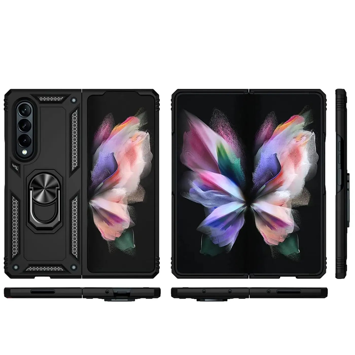 Schwarze Samsung Galaxy Z Fold 4 Hülle aus Kunststoff mit Ringhalter, Vorder- und Seitenansicht.