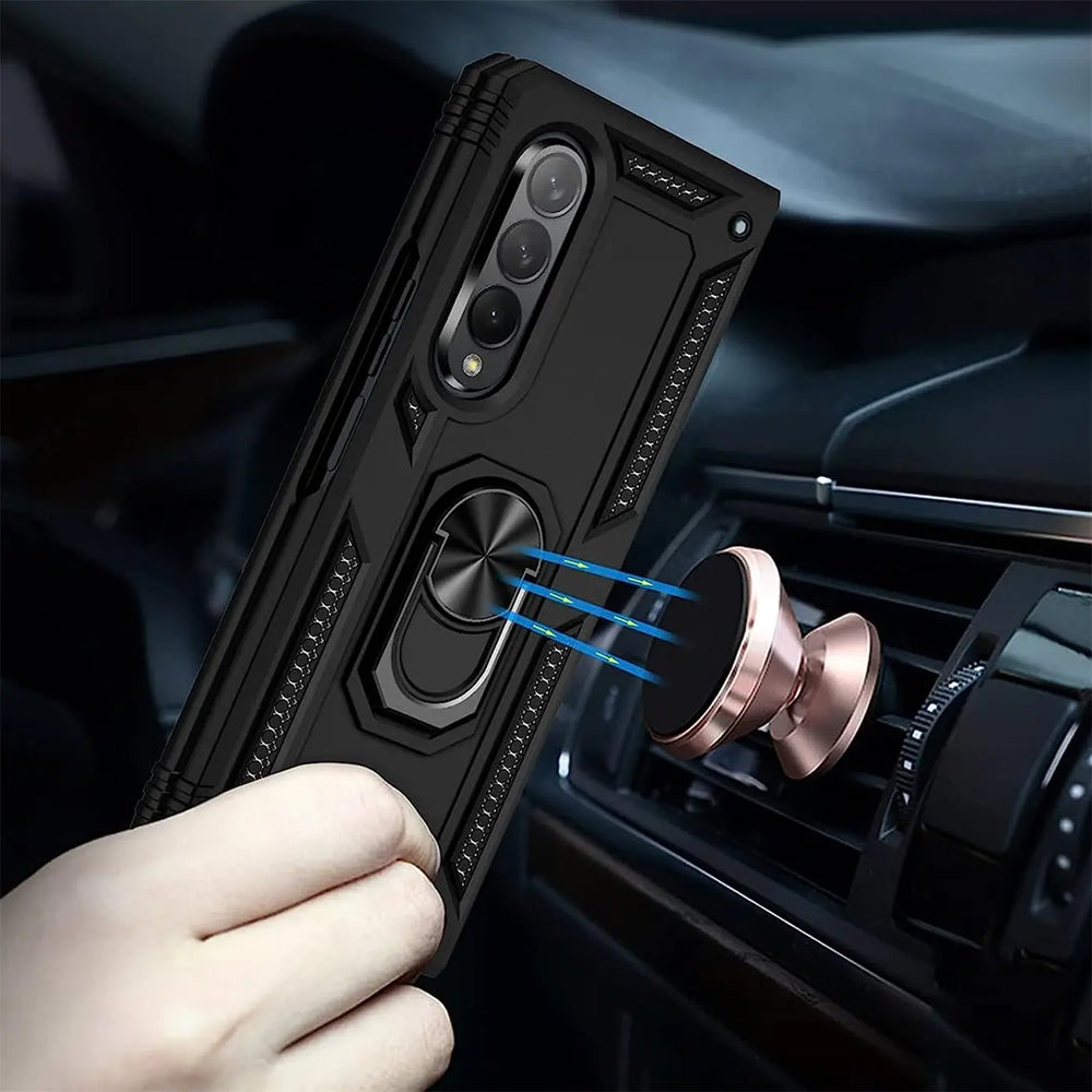Schwarze Samsung Z Fold 4 Hülle mit Ringhalter, Nahaufnahme, magnetische Autohalterung.