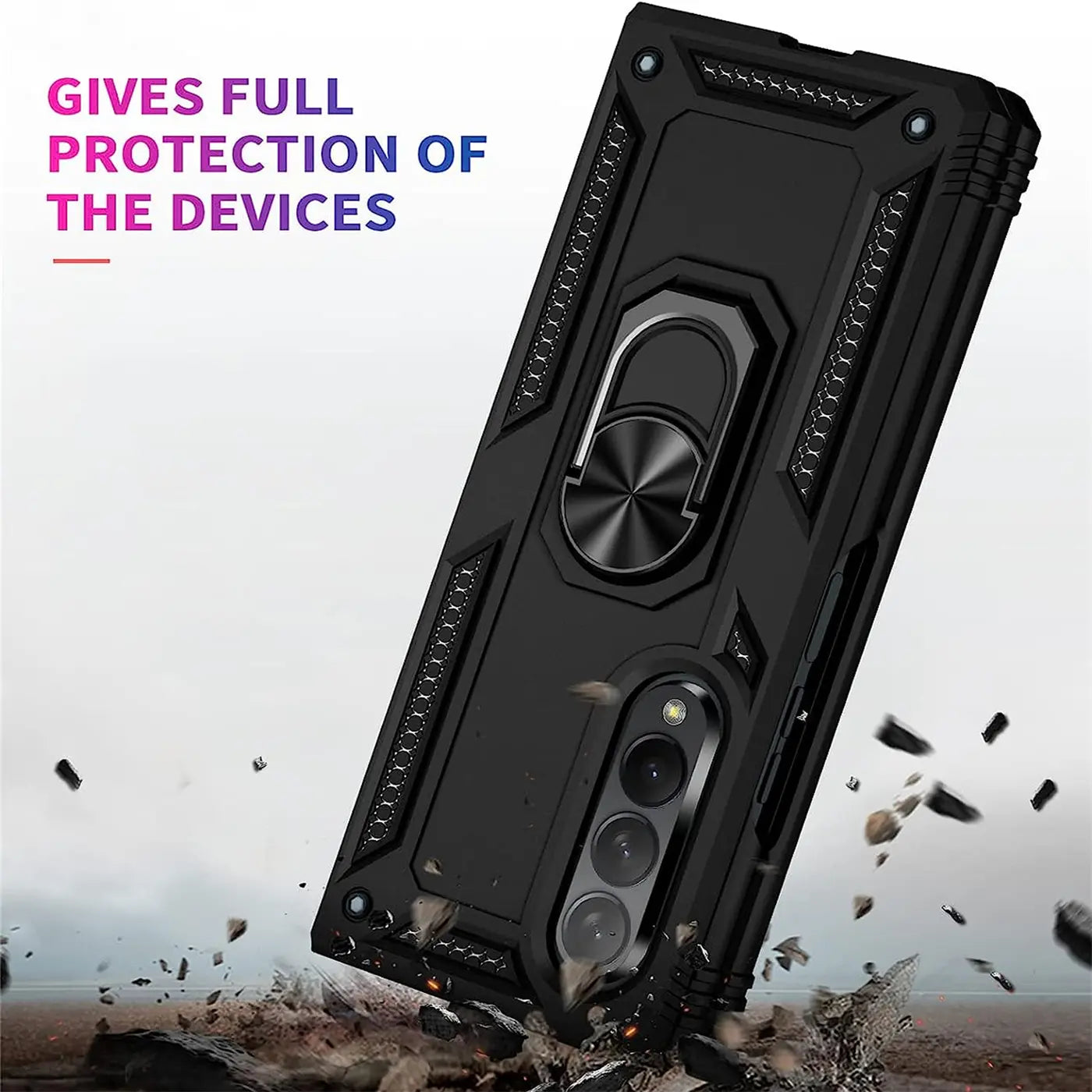 Schwarze Hülle mit Ringhalter für Samsung Galaxy Z Fold 4, von schräg oben.