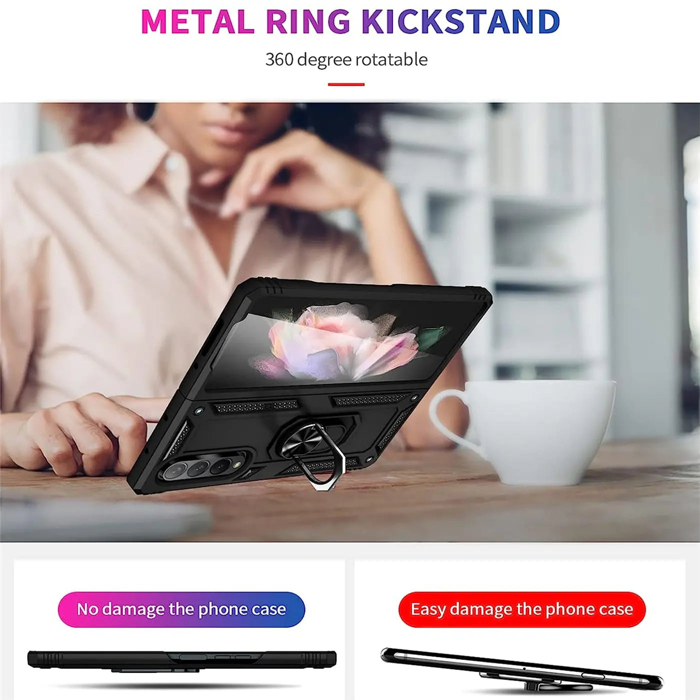 Schwarze Hülle aus Kunststoff/Metall mit Ringhalter für Samsung Galaxy Z Fold 4, von vorne.