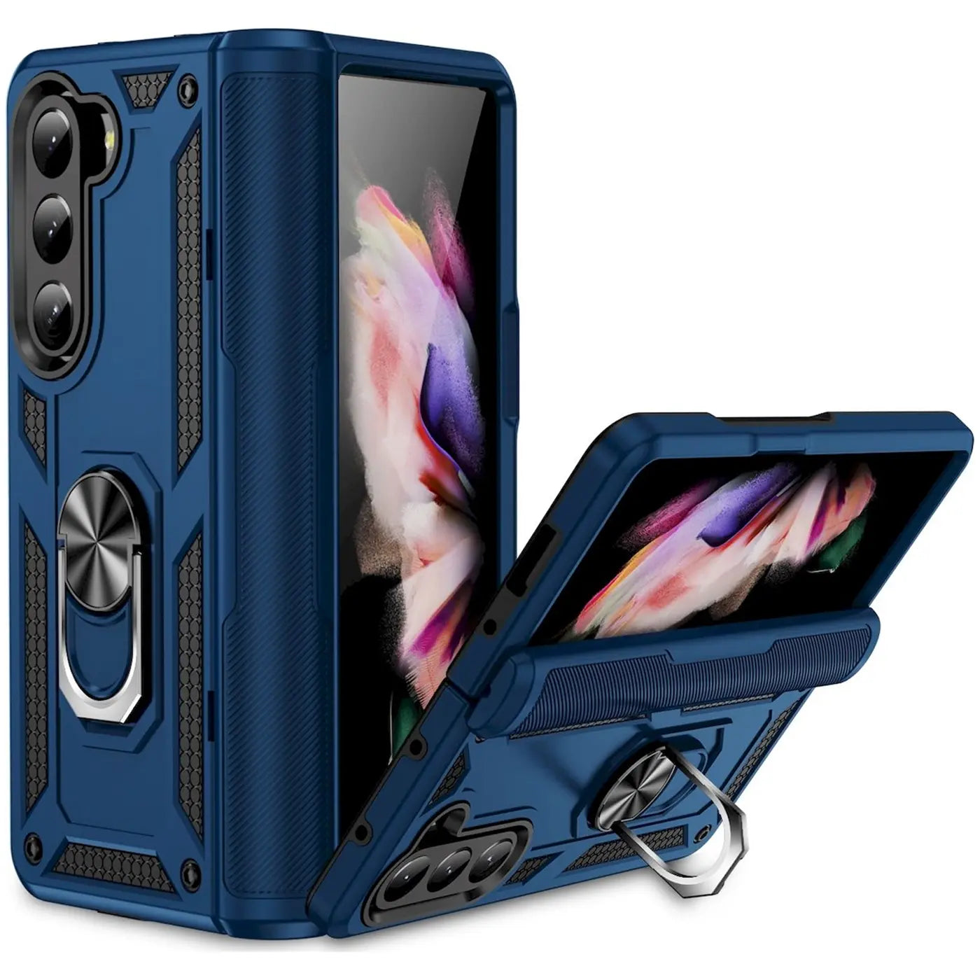 Blaue Hülle mit Ringhalter für Samsung Galaxy Z Fold 5, von vorne schräg.