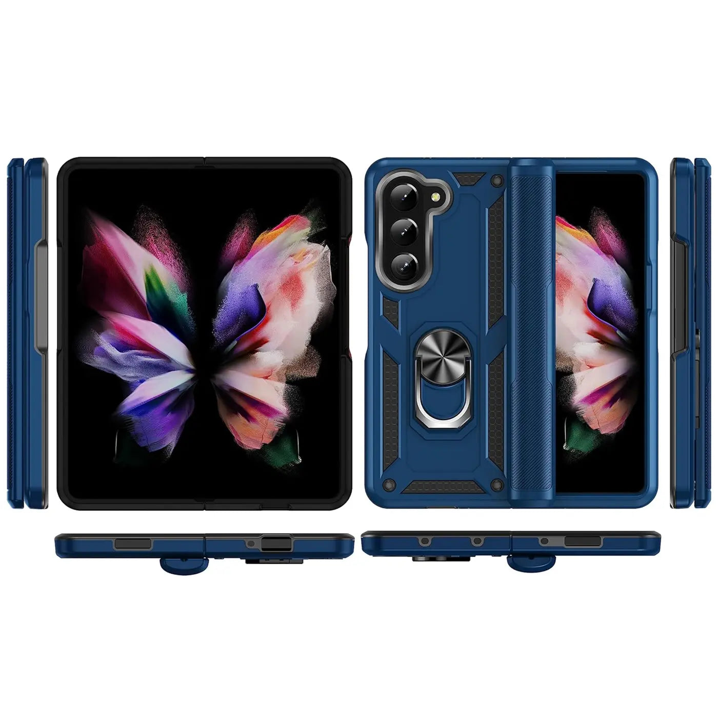Dunkelblaue Hülle mit Ringhalter für Samsung Galaxy Z Fold 5, verschiedene Ansichten