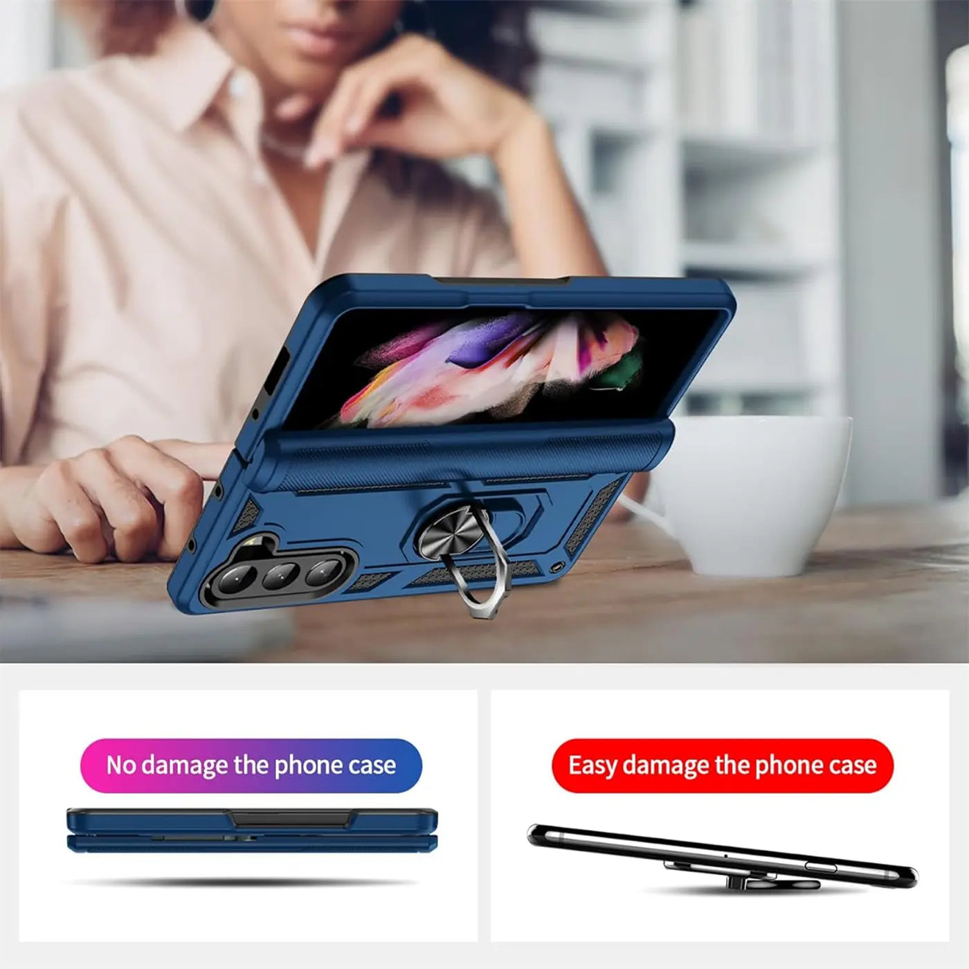 Dunkelblaue Hülle mit Ringhalter für Samsung Galaxy Z Fold 5, von vorne schräg