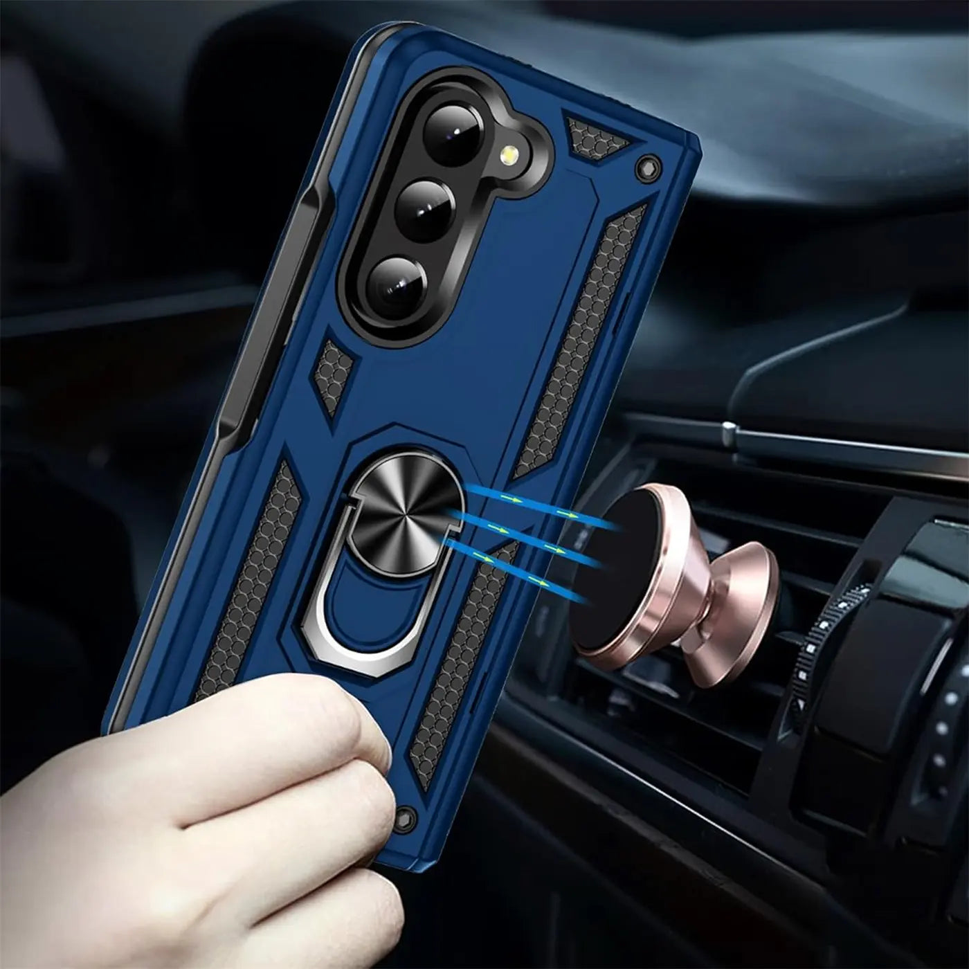 Blaue Hülle mit Ringhalter für Samsung Galaxy Z Fold 5, Nahaufnahme, auf Armaturenbrett